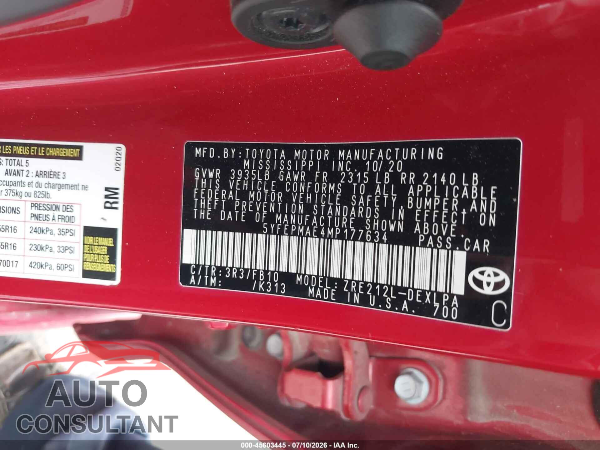 TOYOTA COROLLA 2021 - 5YFEPMAE4MP177634