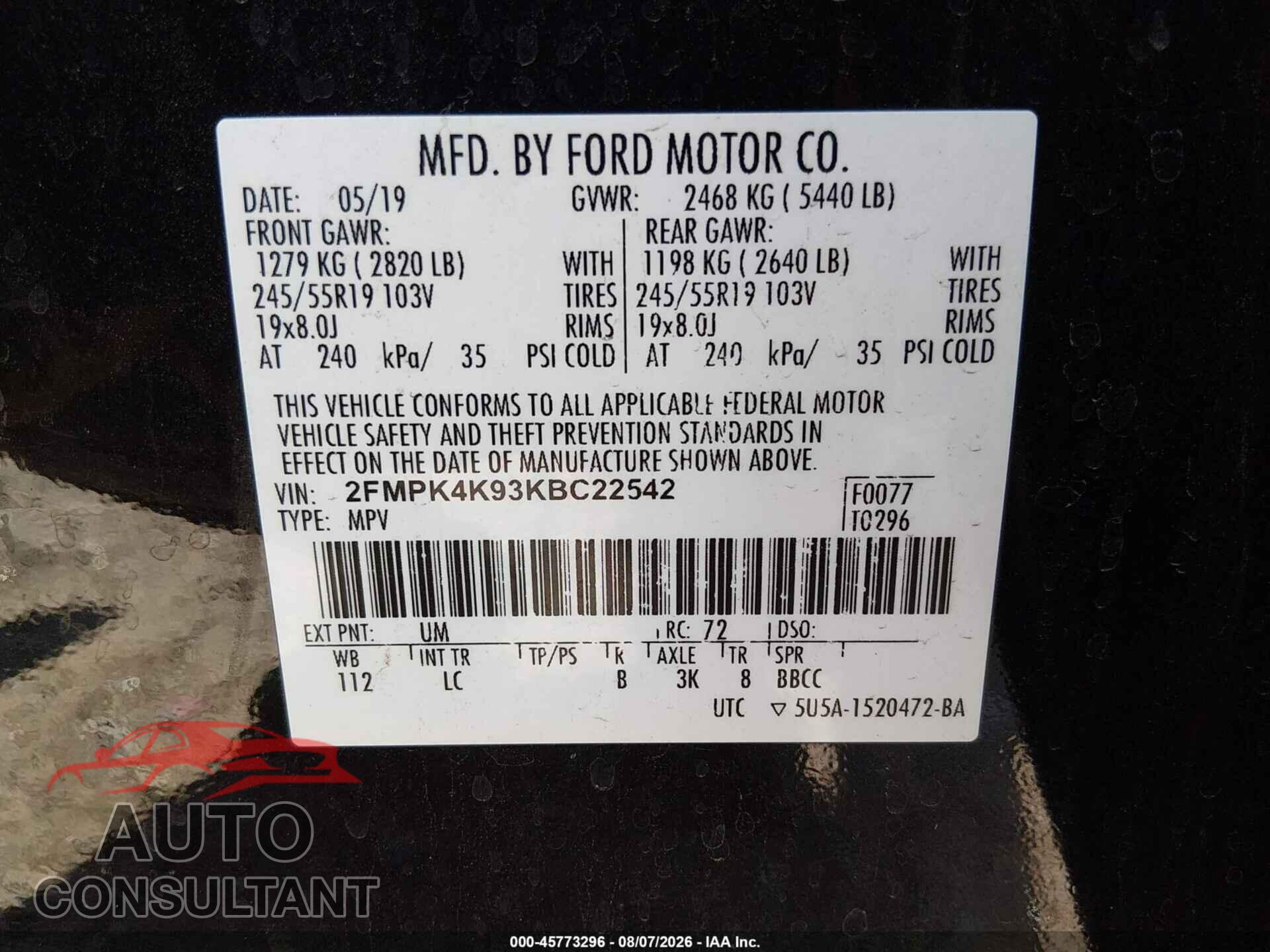 FORD EDGE 2019 - 2FMPK4K93KBC22542