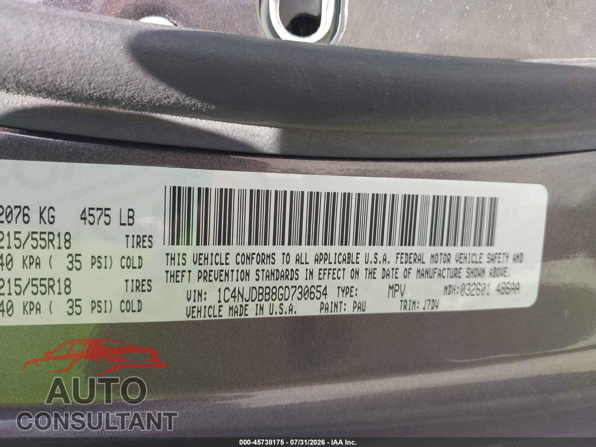 JEEP COMPASS 2016 - 1C4NJDBB8GD730654