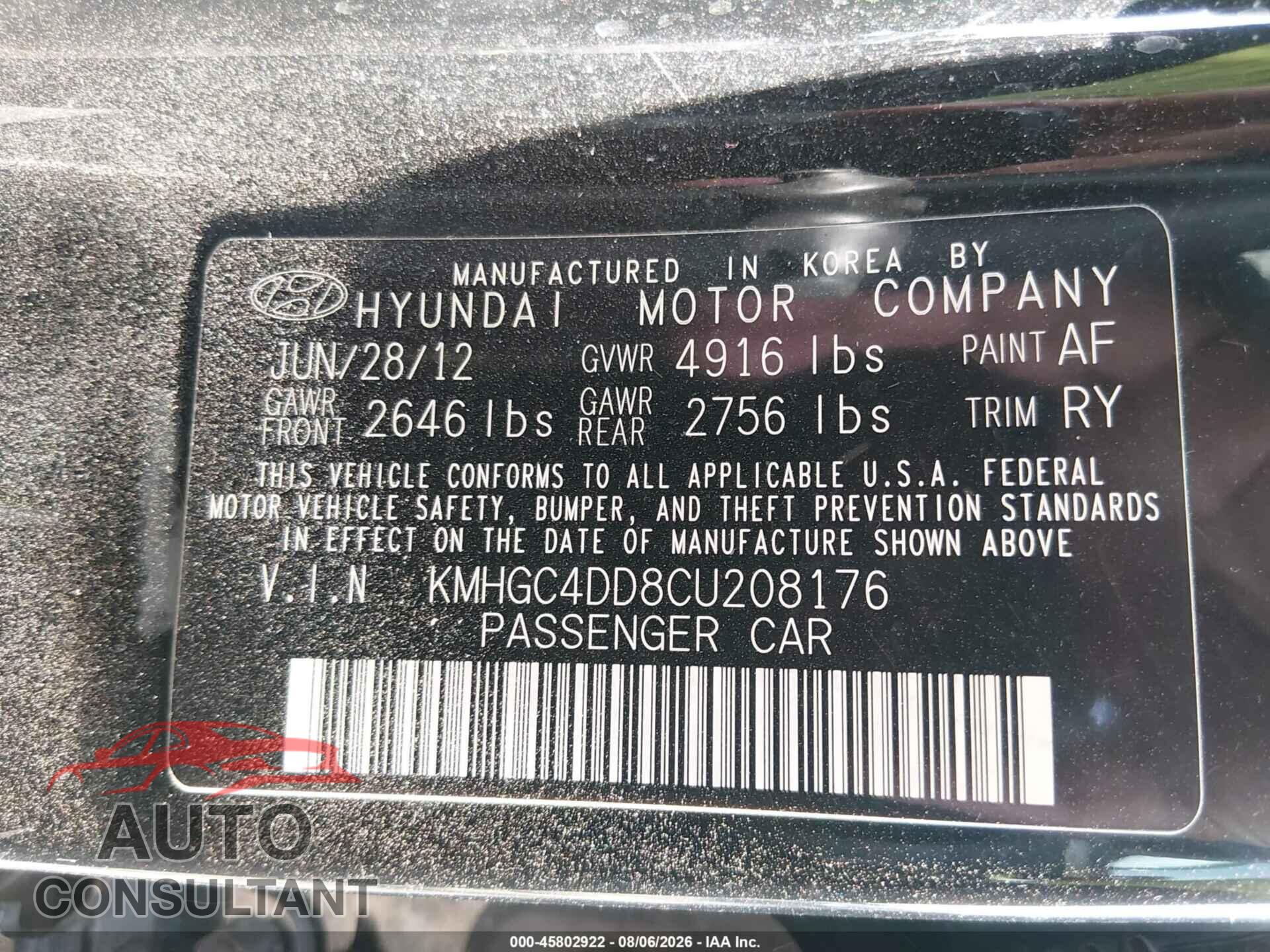 HYUNDAI GENESIS 2012 - KMHGC4DD8CU208176