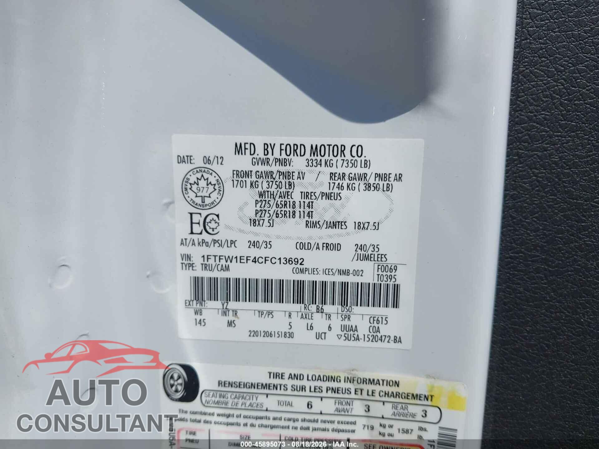 FORD F-150 2012 - 1FTFW1EF4CFC13692