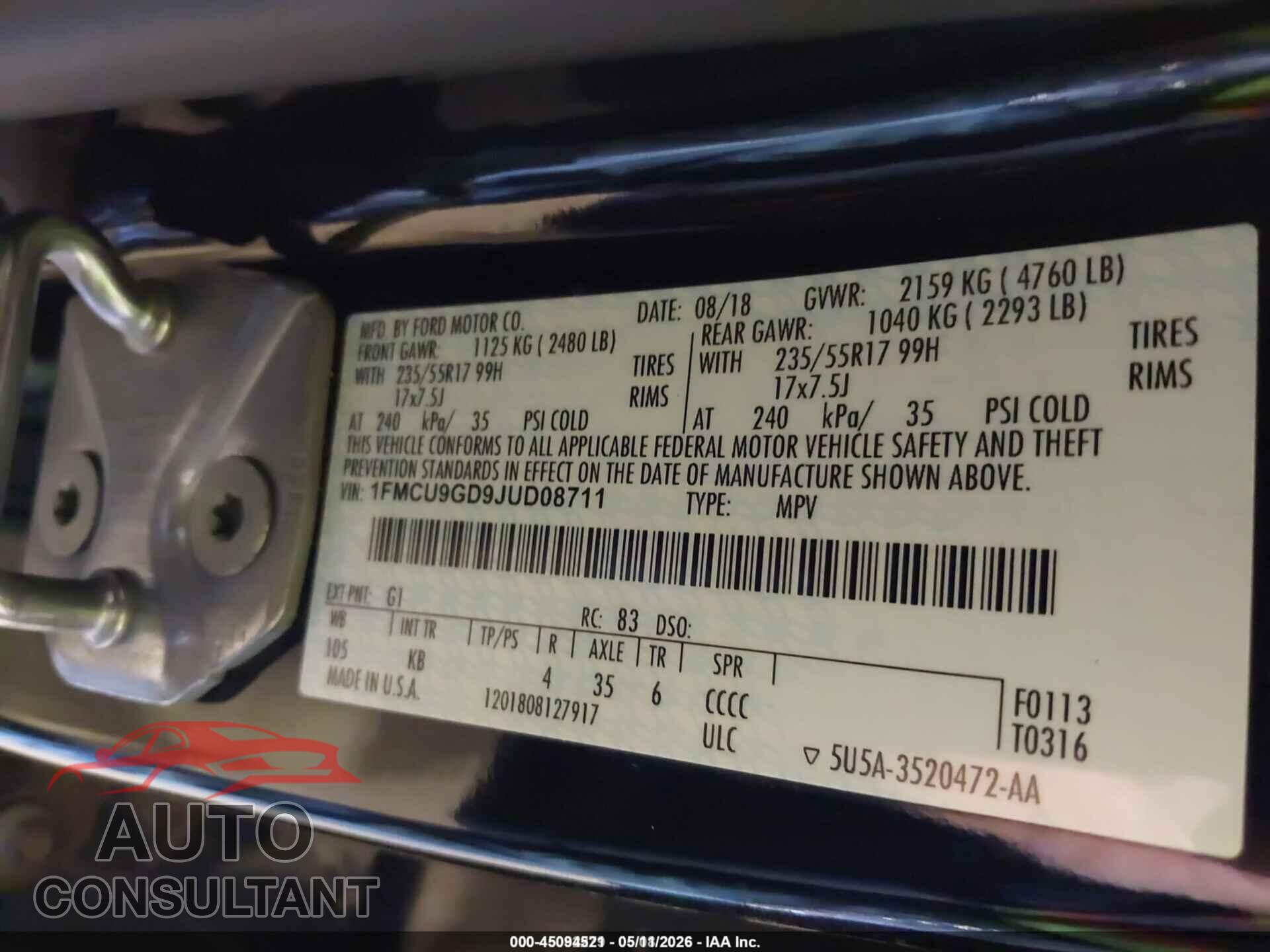 FORD ESCAPE 2018 - 1FMCU9GD9JUD08711