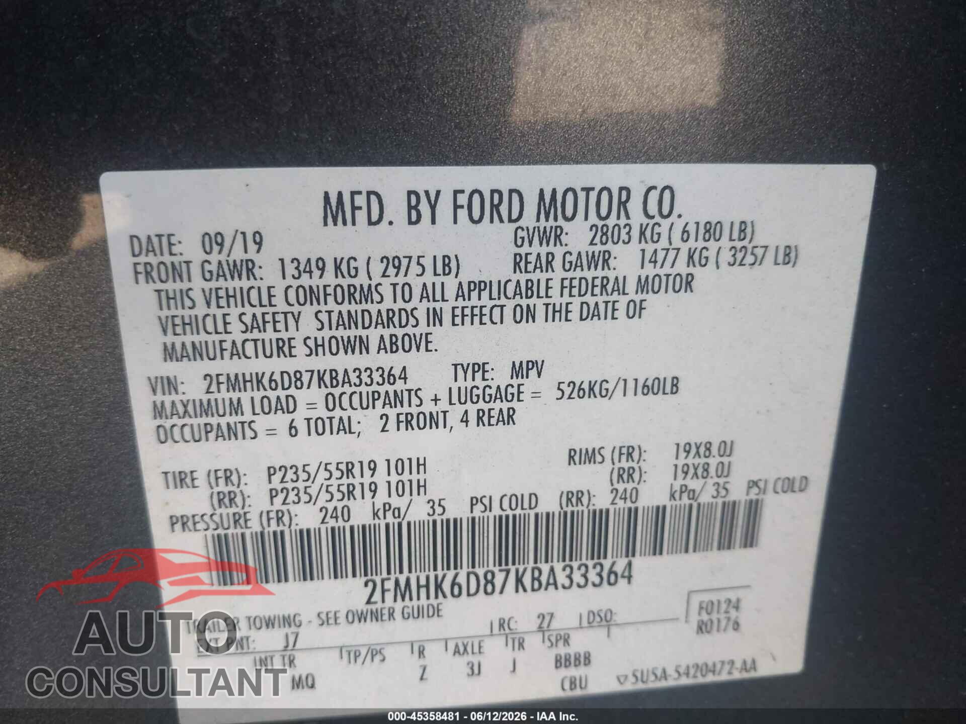 FORD FLEX 2019 - 2FMHK6D87KBA33364