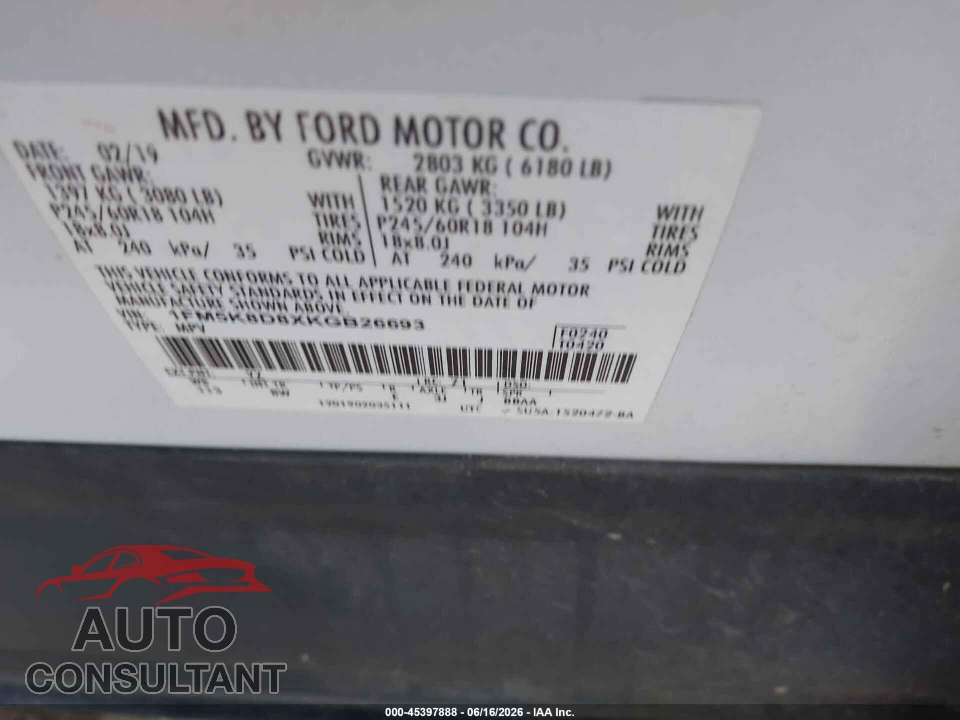 FORD EXPLORER 2019 - 1FM5K8D8XKGB26693