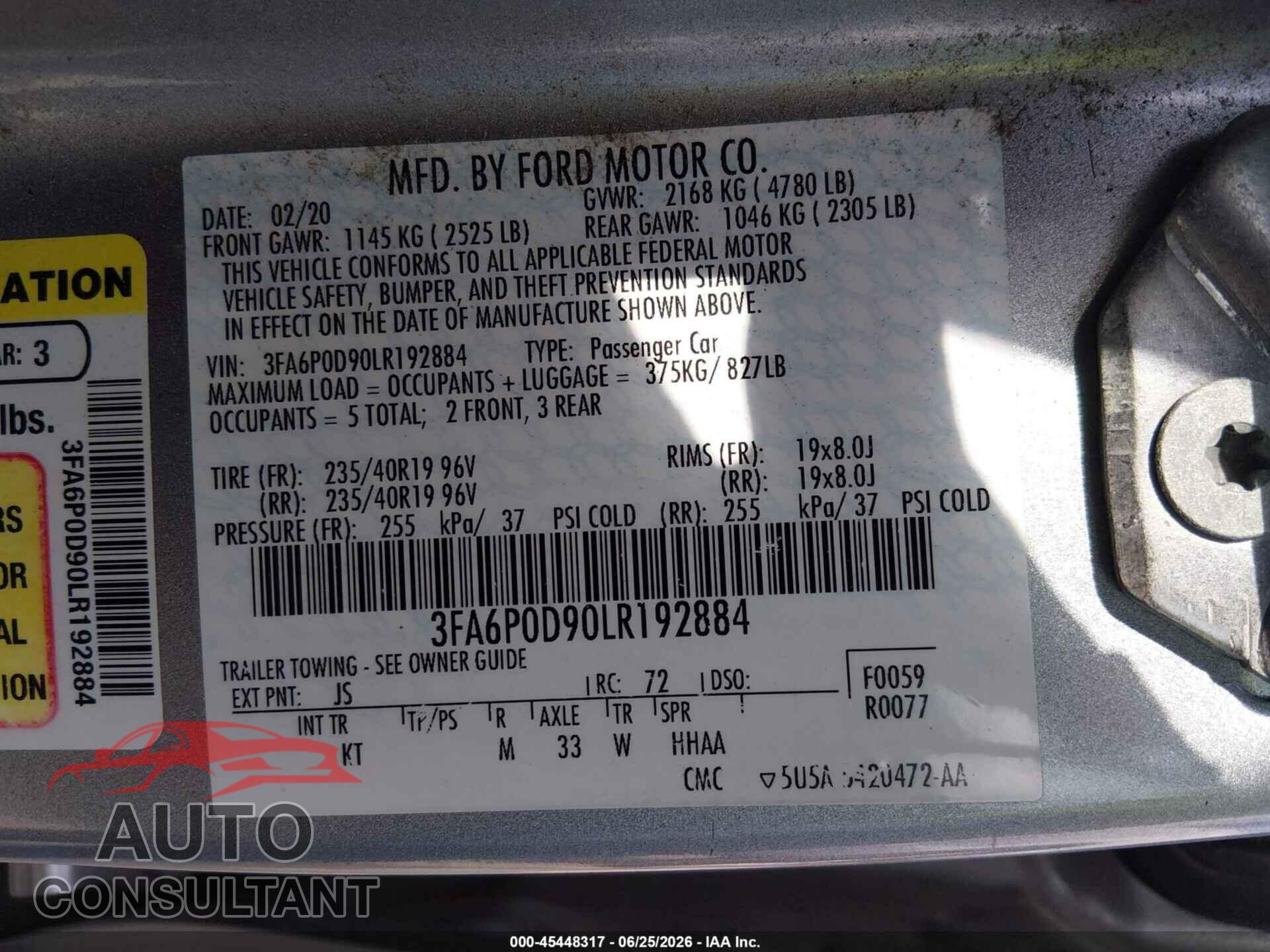 FORD FUSION 2020 - 3FA6P0D90LR192884