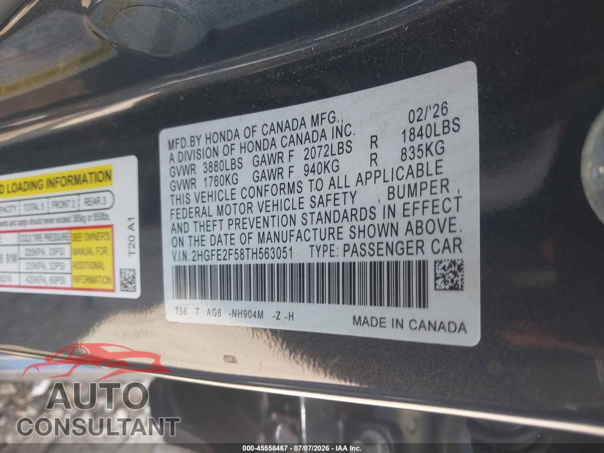 HONDA CIVIC 2026 - 2HGFE2F58TH563051