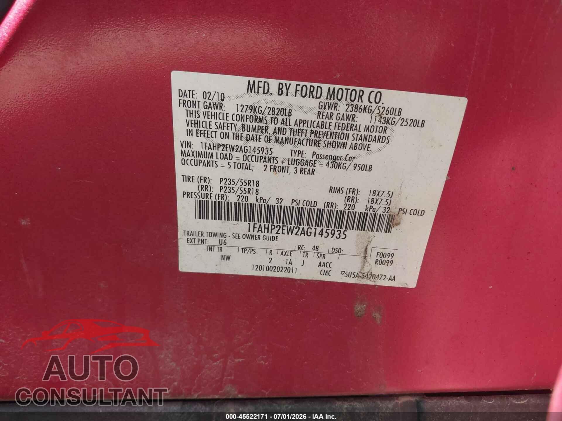 FORD TAURUS 2010 - 1FAHP2EW2AG145935