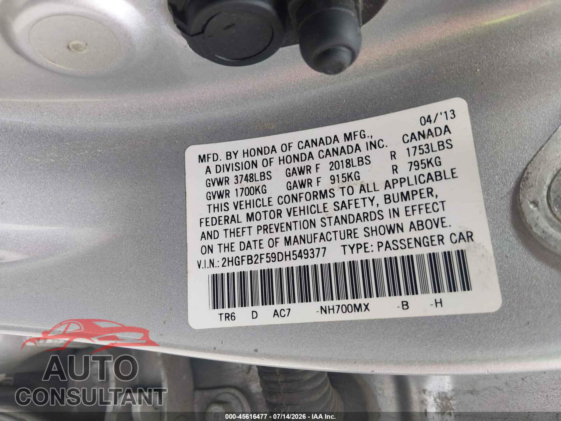 HONDA CIVIC 2013 - 2HGFB2F59DH549377