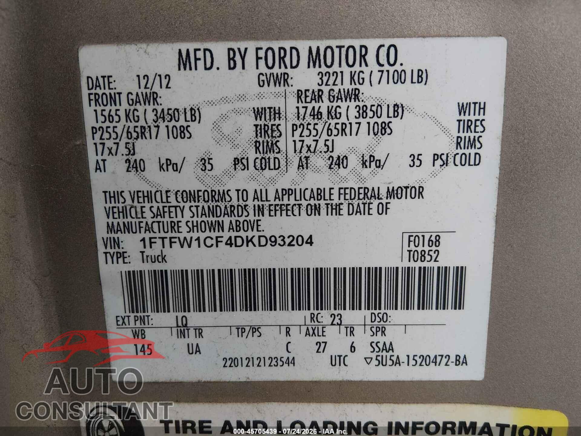 FORD F-150 2013 - 1FTFW1CF4DKD93204
