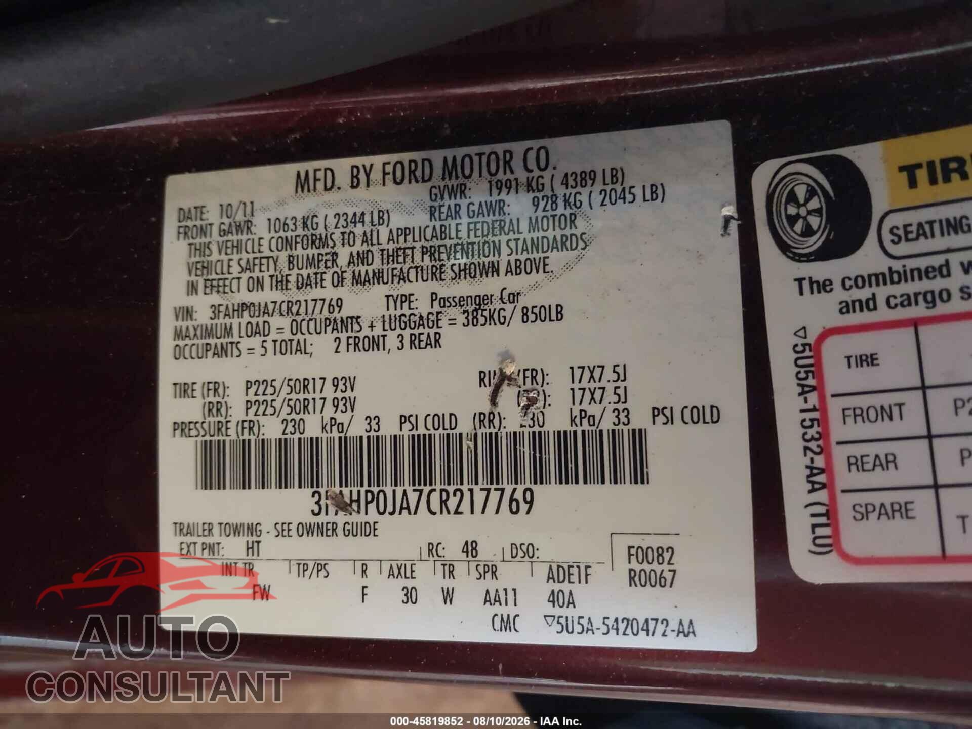FORD FUSION 2012 - 3FAHP0JA7CR217769