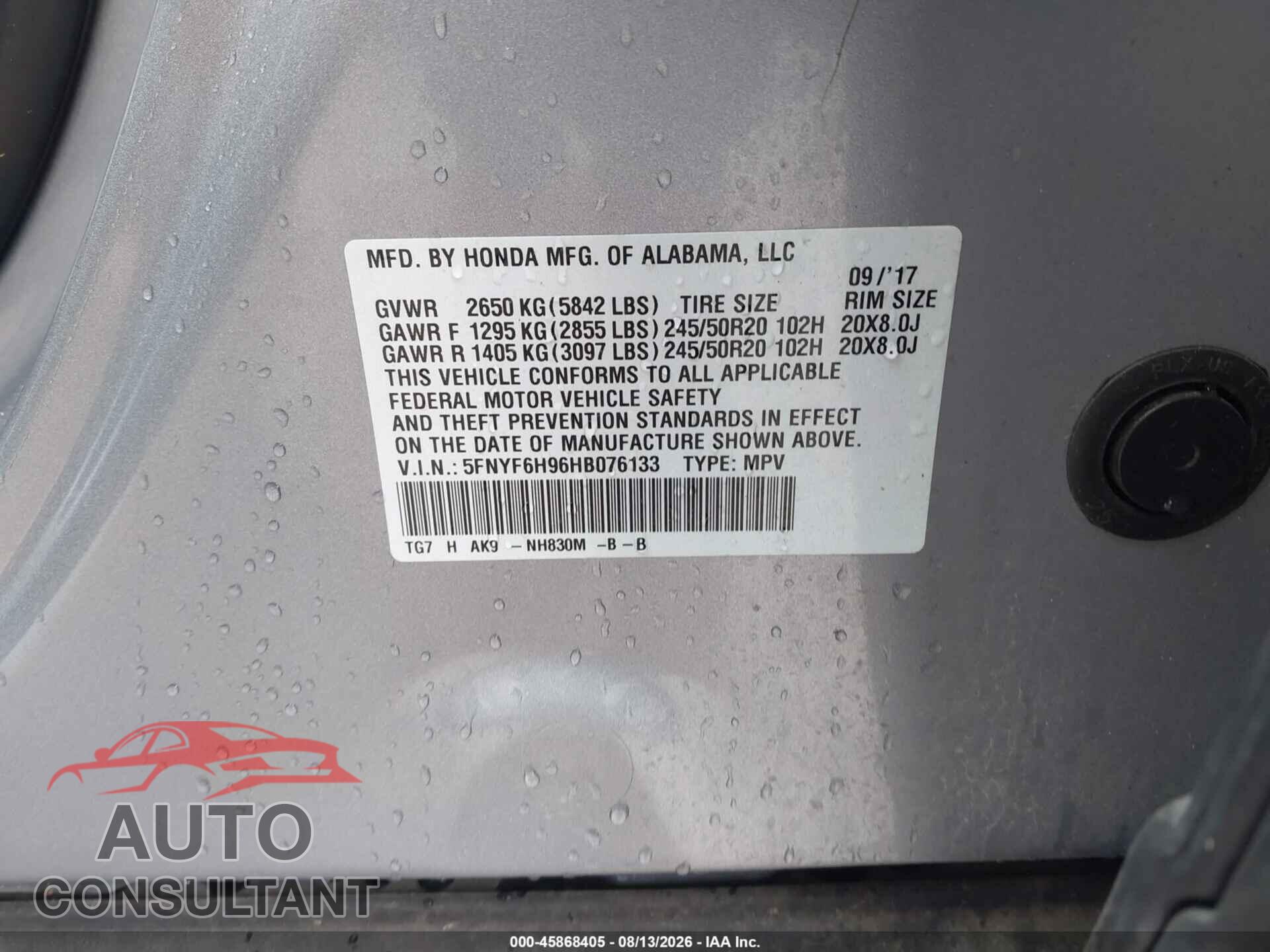 HONDA PILOT 2017 - 5FNYF6H96HB076133