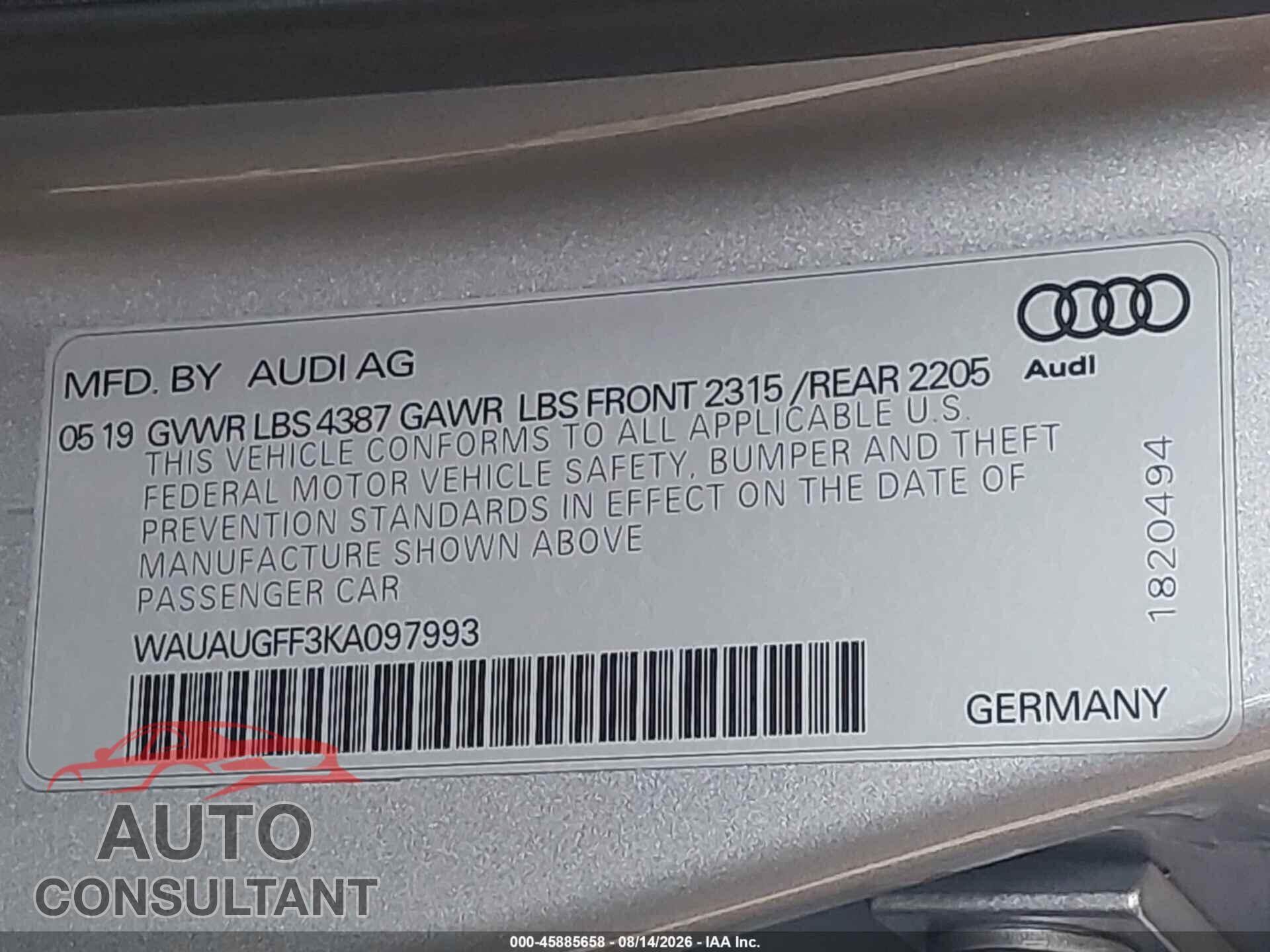 AUDI A3 2019 - WAUAUGFF3KA097993