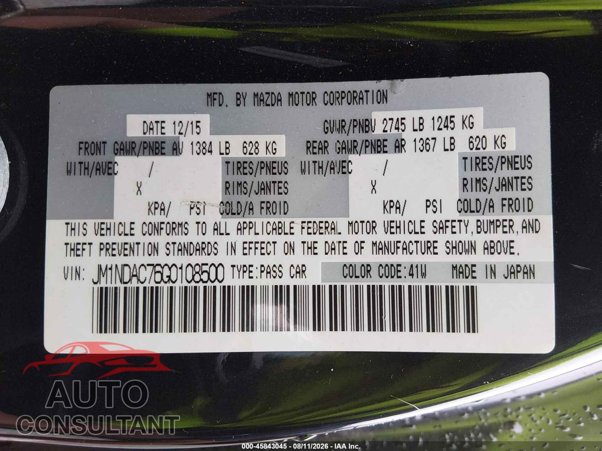 MAZDA MX-5 MIATA 2016 - JM1NDAC76G0108500
