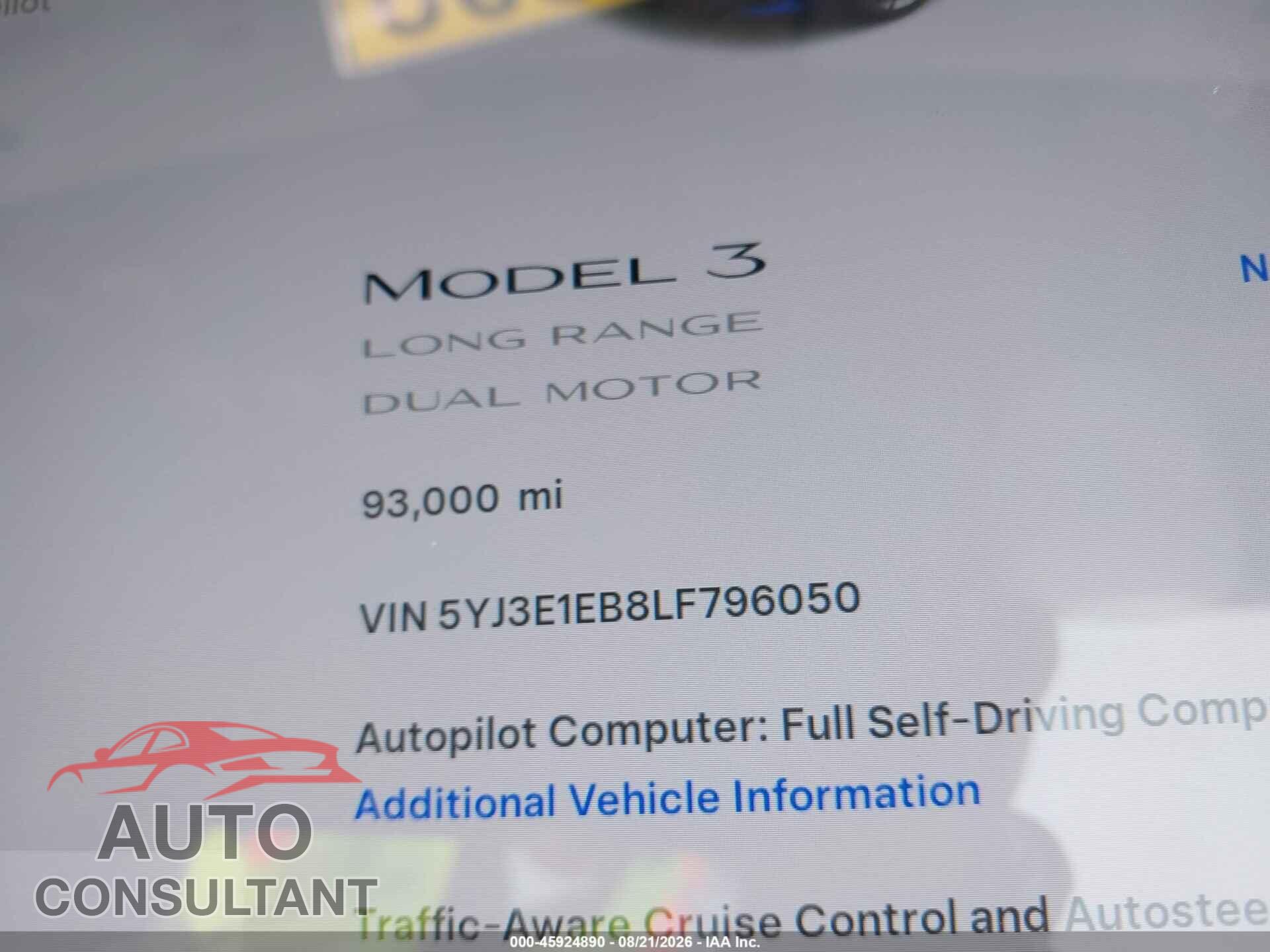 TESLA MODEL 3 2020 - 5YJ3E1EB8LF796050