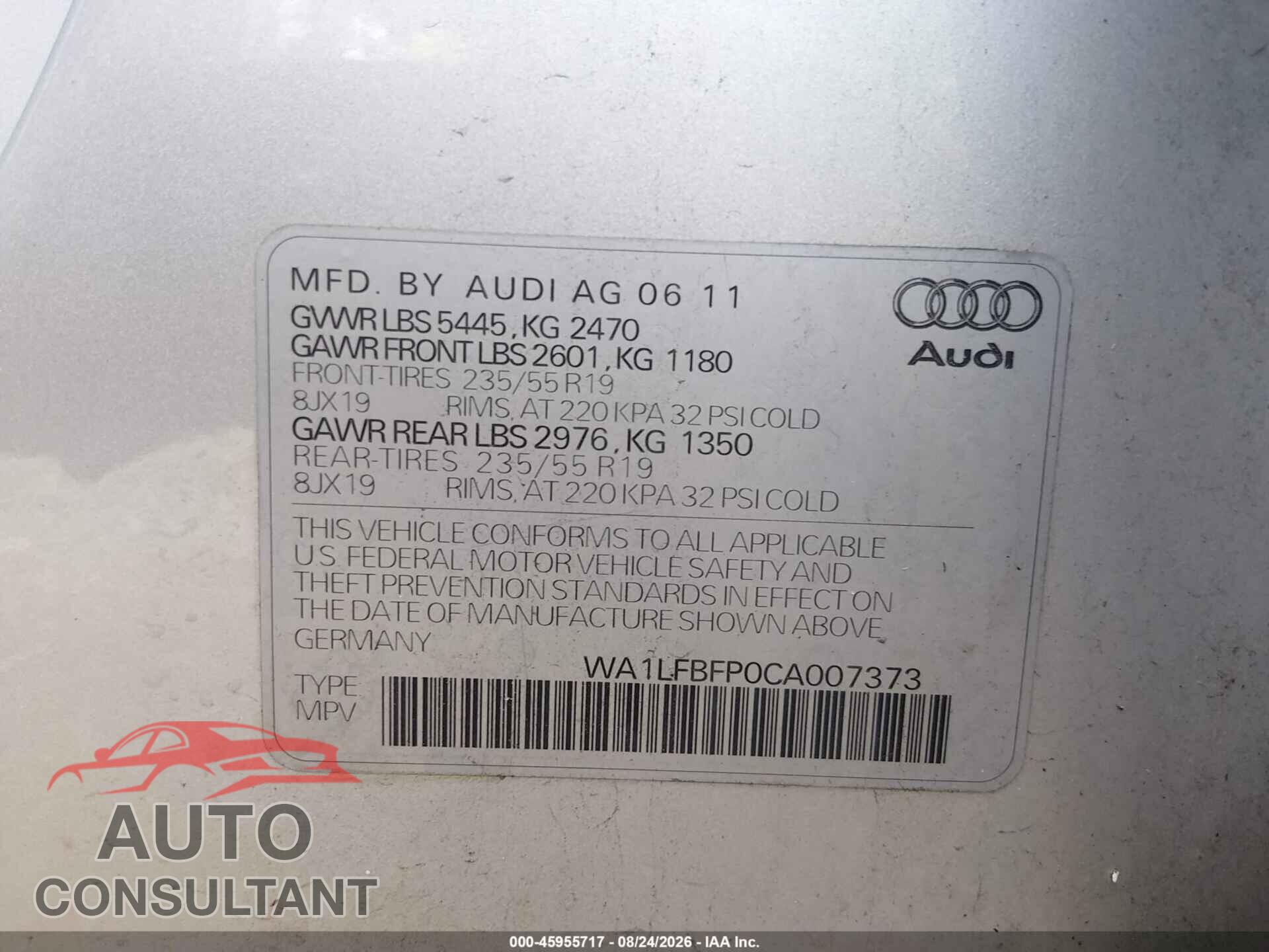 AUDI Q5 2012 - WA1LFBFP0CA007373