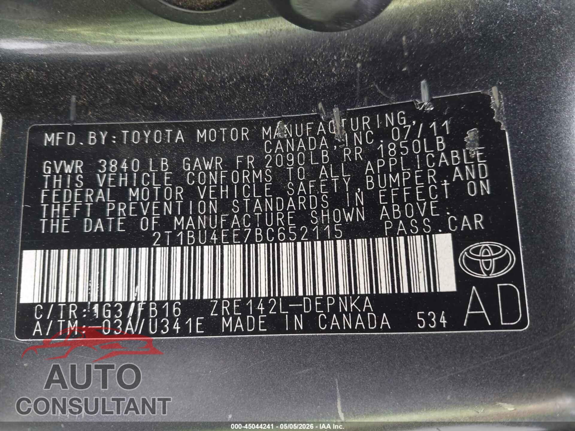 TOYOTA COROLLA 2011 - 2T1BU4EE7BC652115