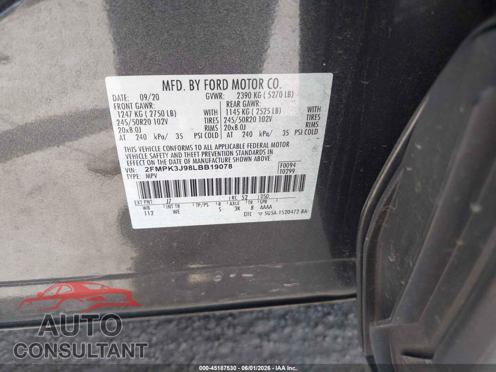 FORD EDGE 2020 - 2FMPK3J98LBB19078