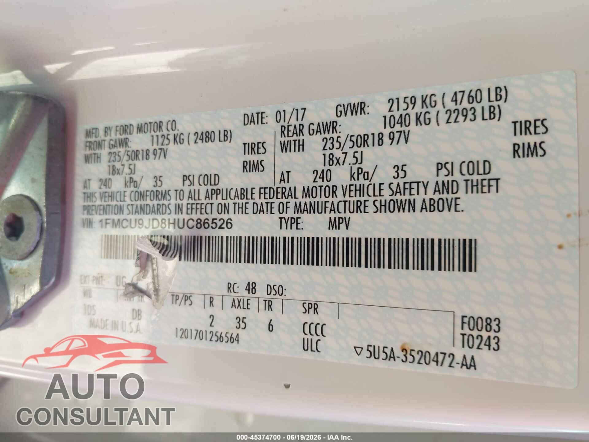 FORD ESCAPE 2017 - 1FMCU9JD8HUC86526