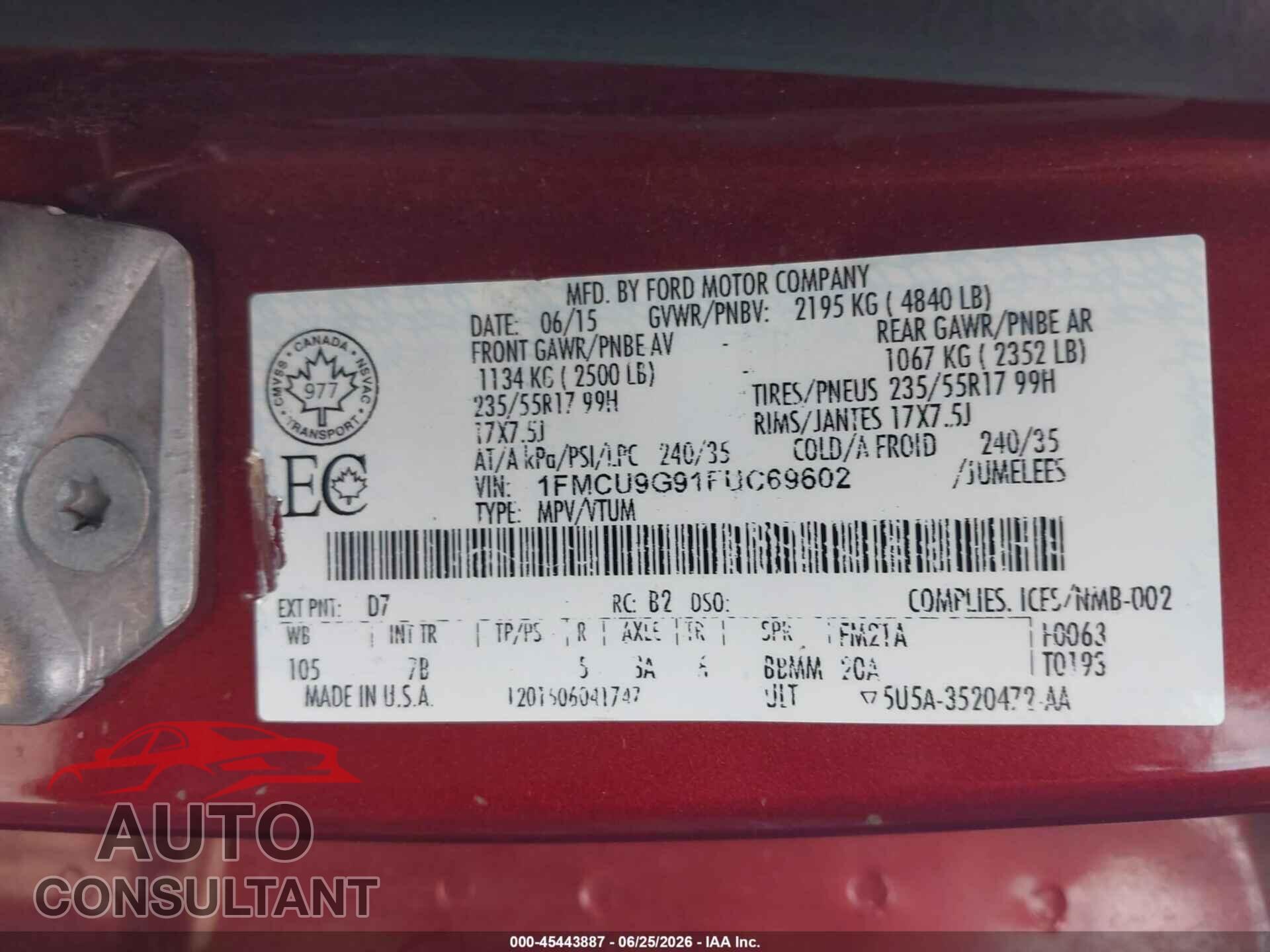 FORD ESCAPE 2015 - 1FMCU9G91FUC69602