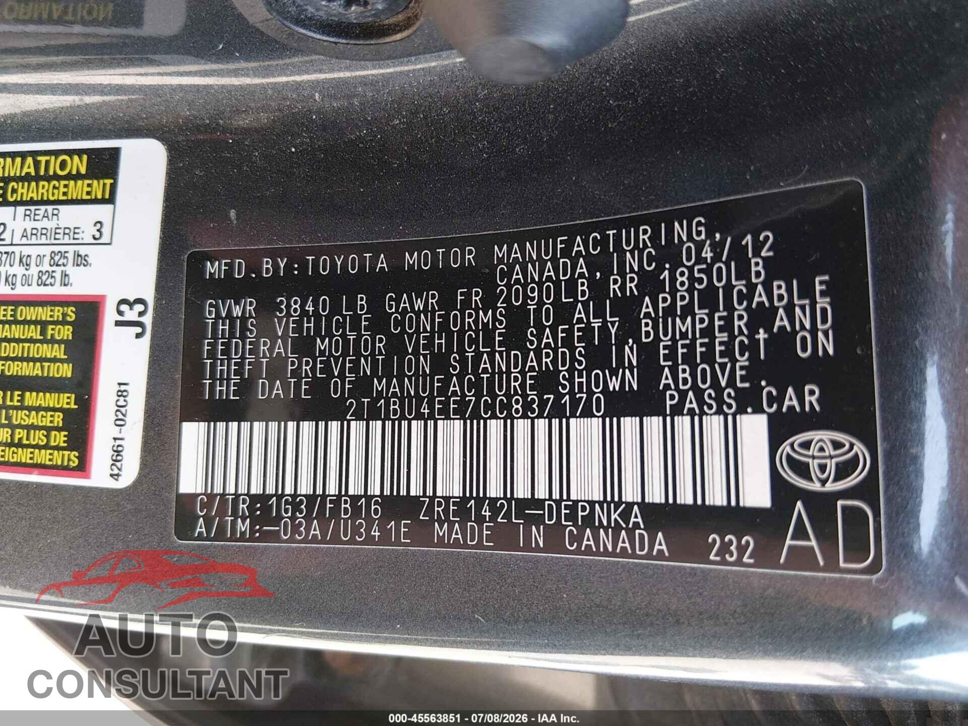 TOYOTA COROLLA 2012 - 2T1BU4EE7CC837170