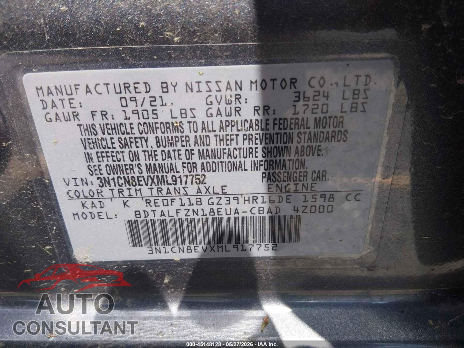 NISSAN VERSA 2021 - 3N1CN8EVXML917752