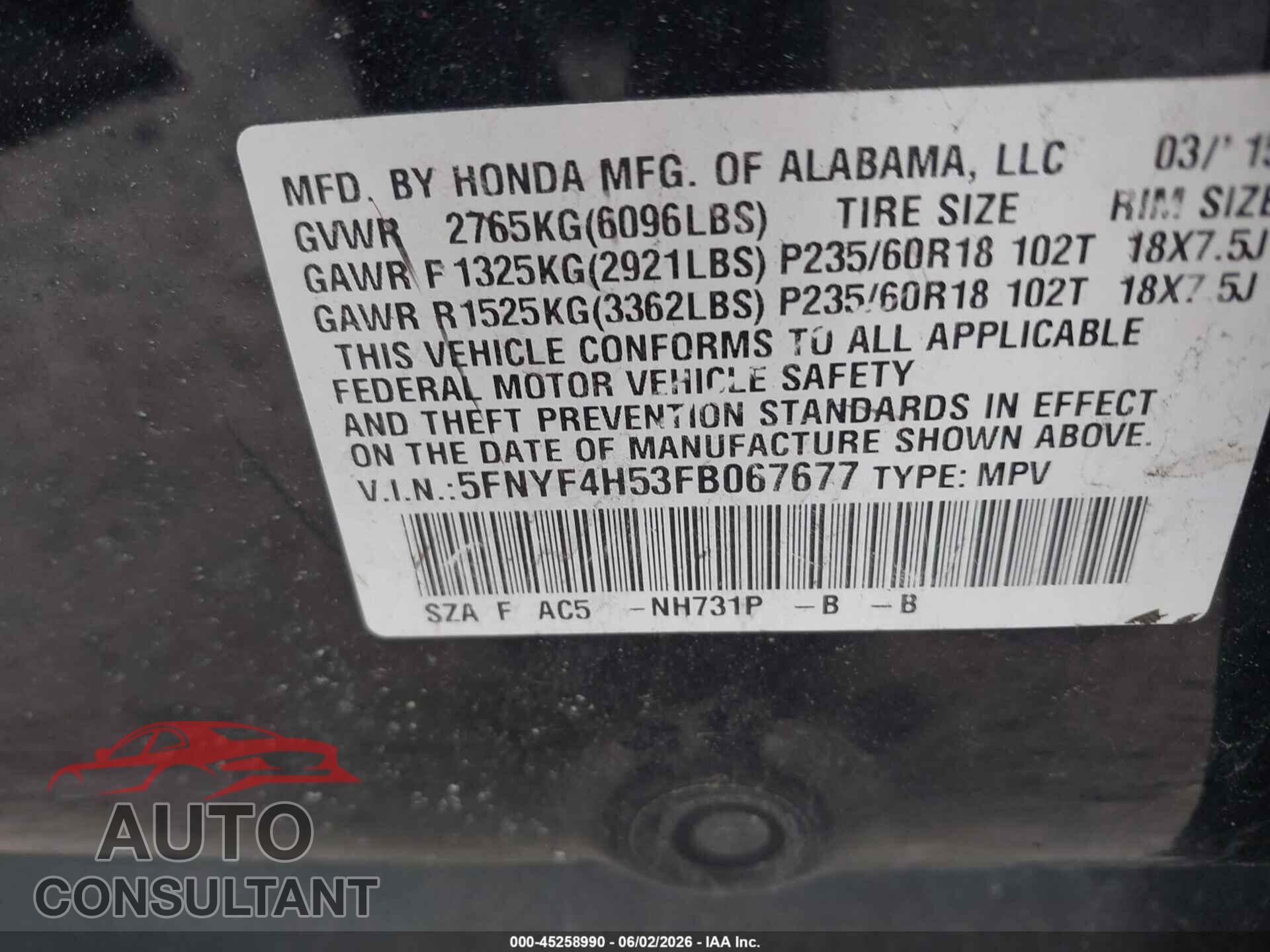HONDA PILOT 2015 - 5FNYF4H53FB067677