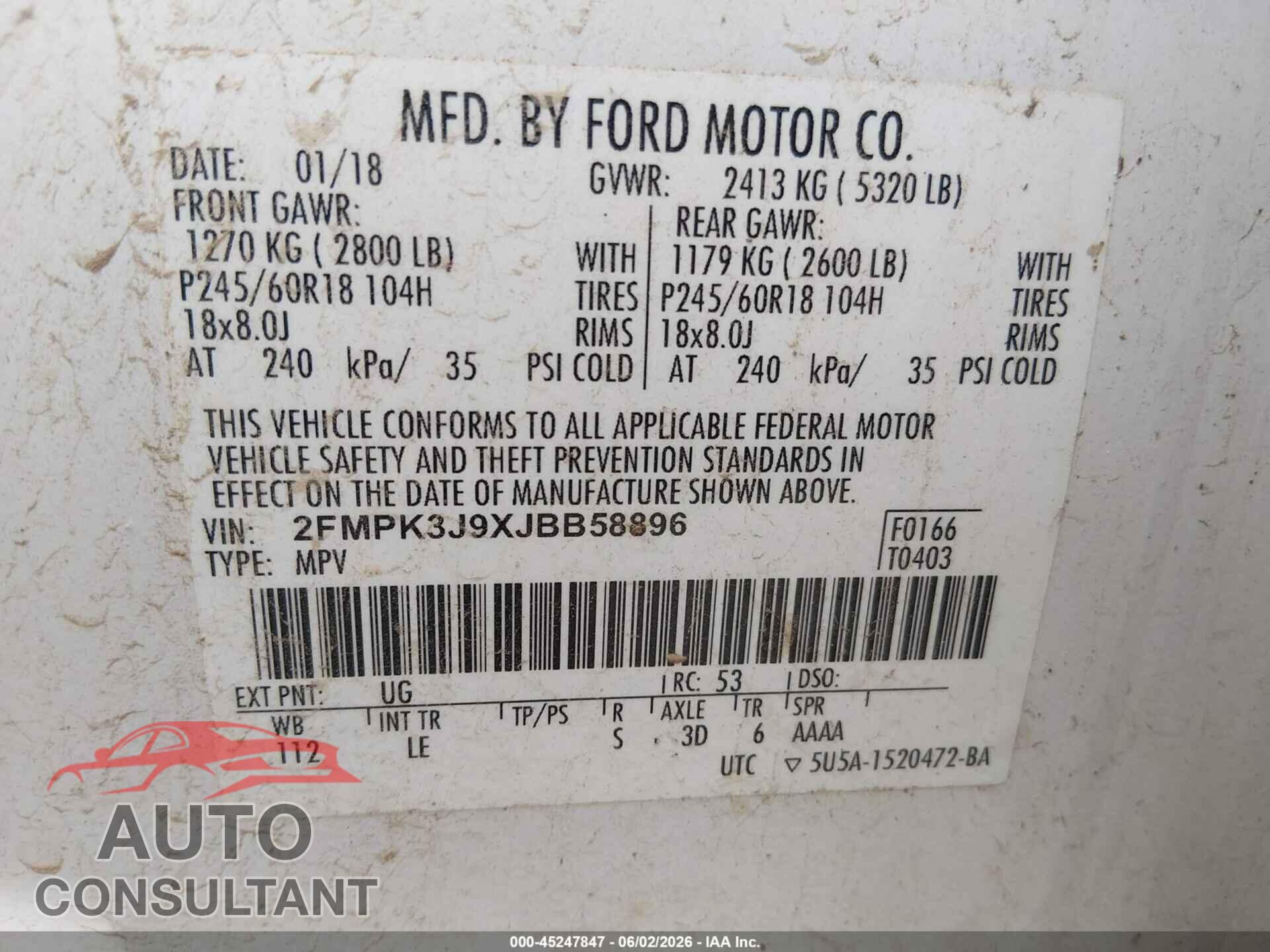 FORD EDGE 2018 - 2FMPK3J9XJBB58896