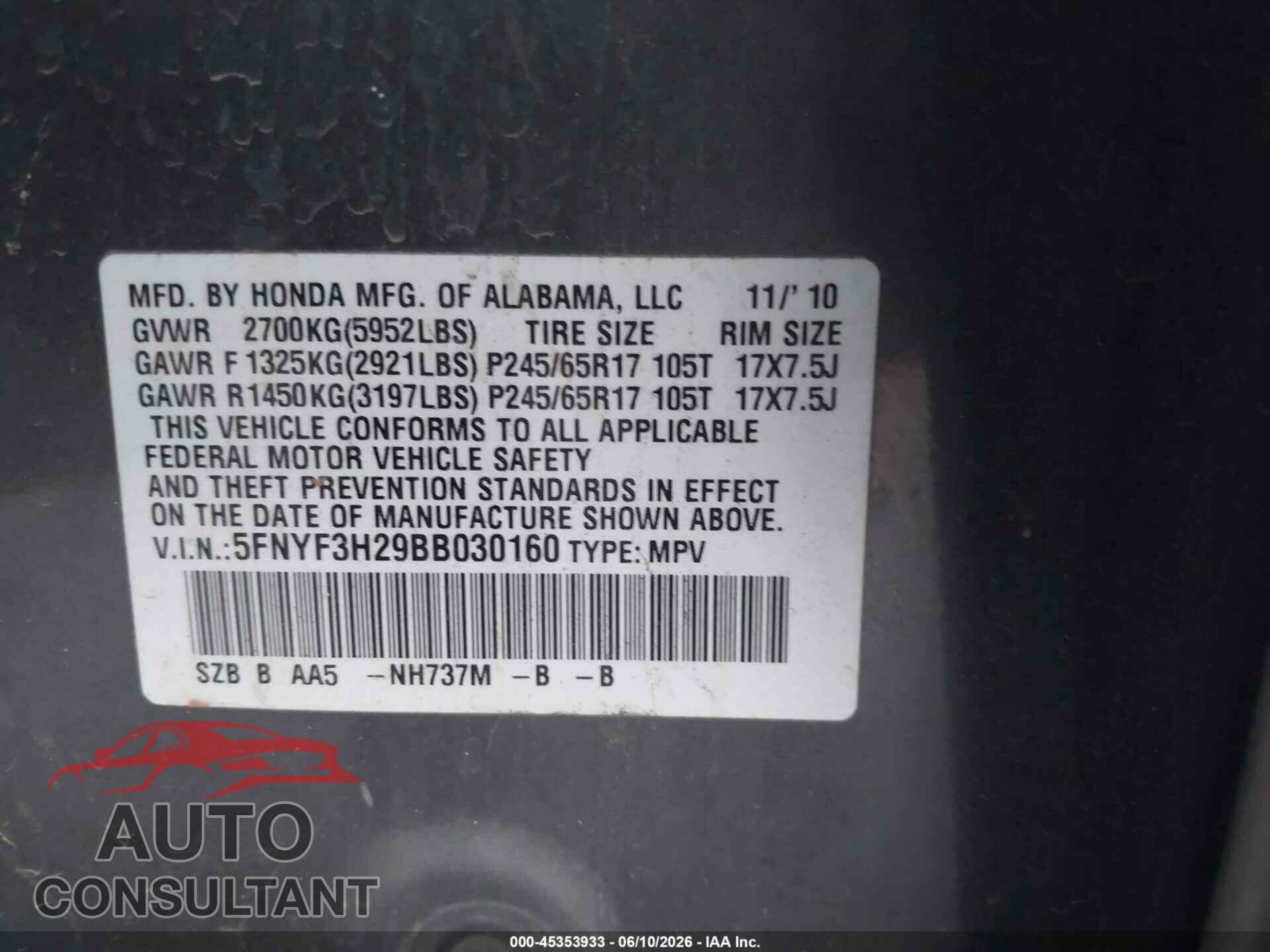 HONDA PILOT 2011 - 5FNYF3H29BB030160