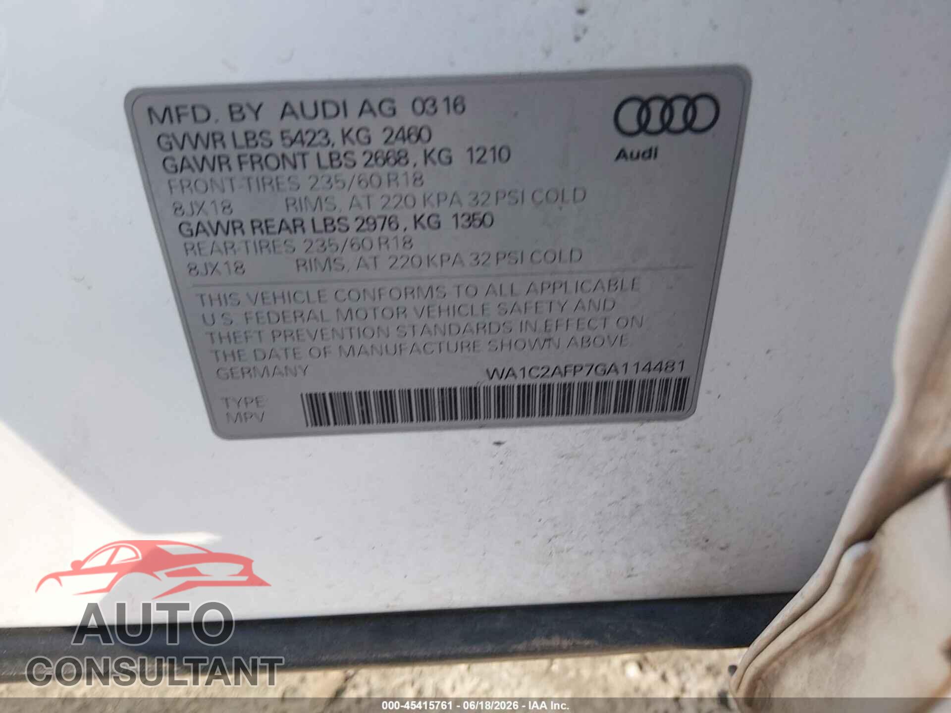 AUDI Q5 2016 - WA1C2AFP7GA114481
