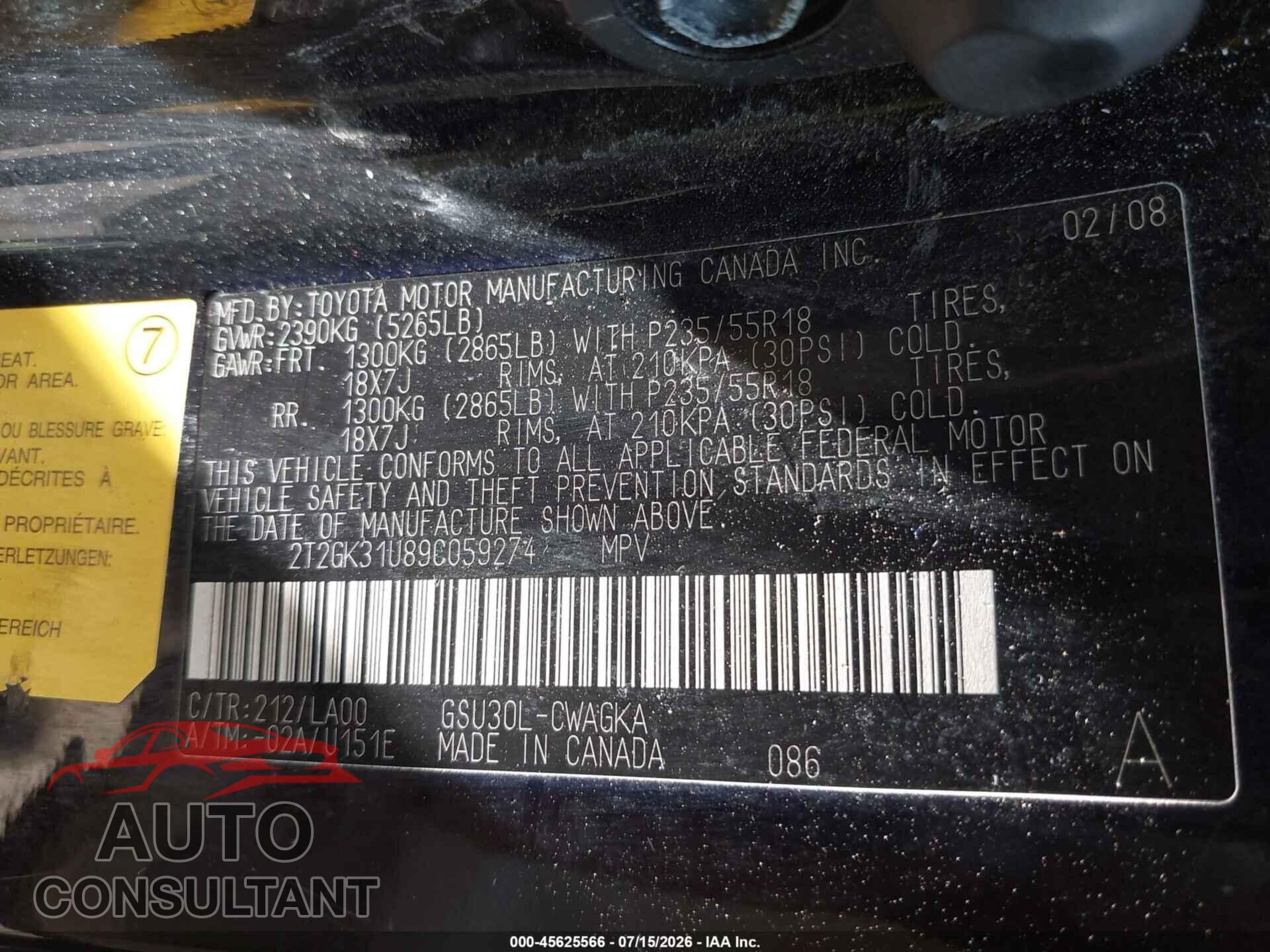LEXUS RX 350 2009 - 2T2GK31U89C059274