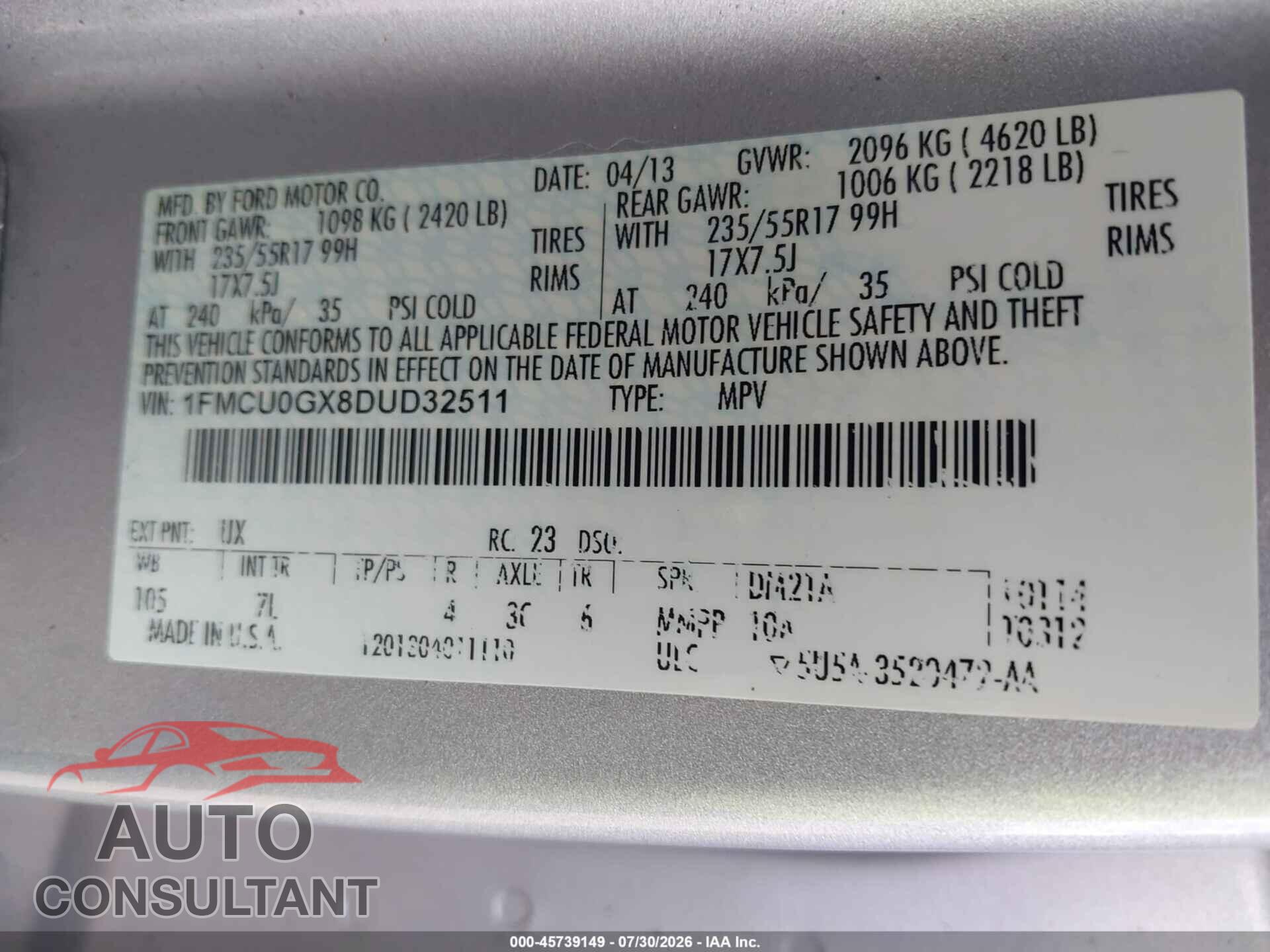 FORD ESCAPE 2013 - 1FMCU0GX8DUD32511