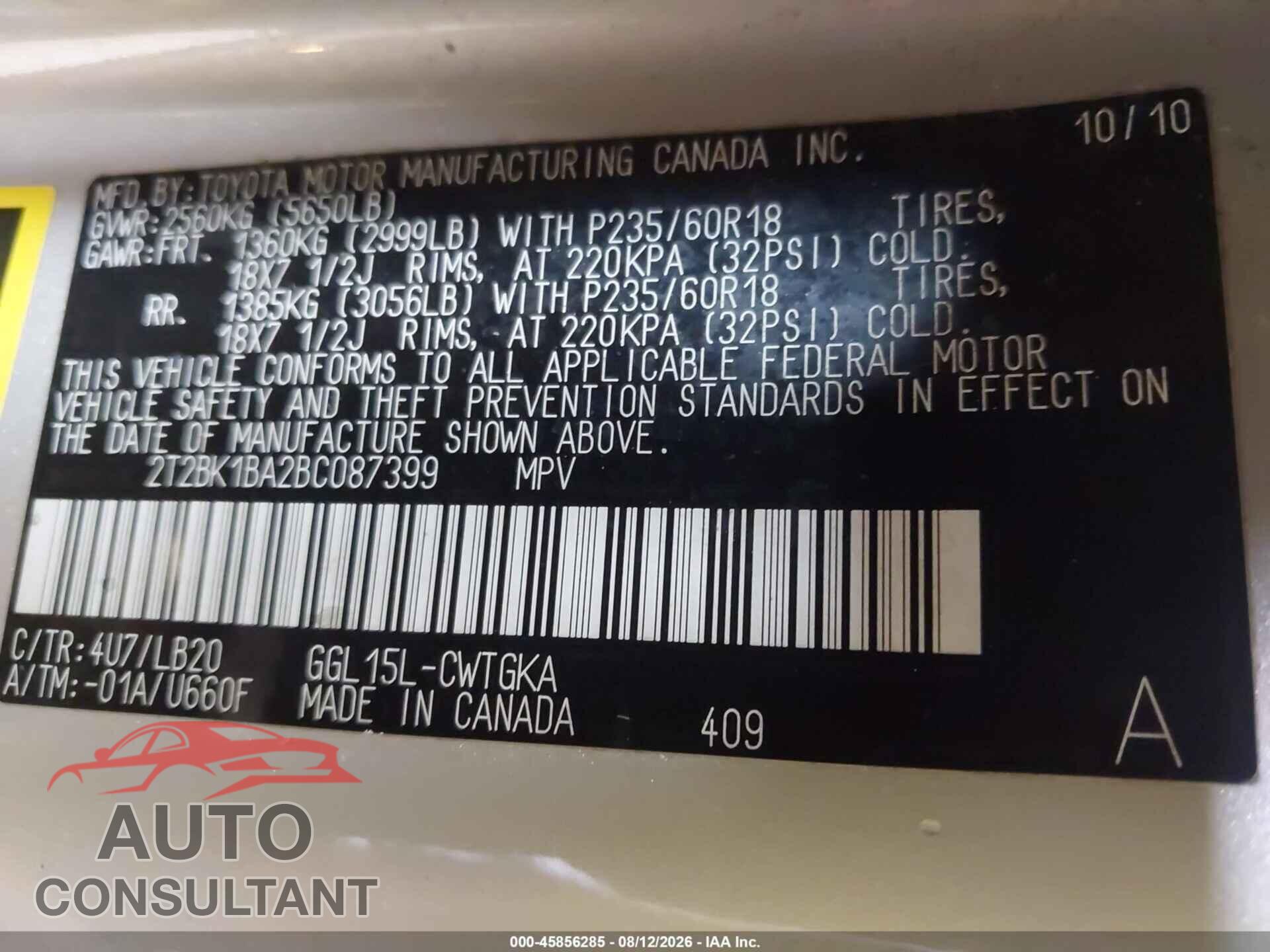 LEXUS RX 350 2011 - 2T2BK1BA2BC087399