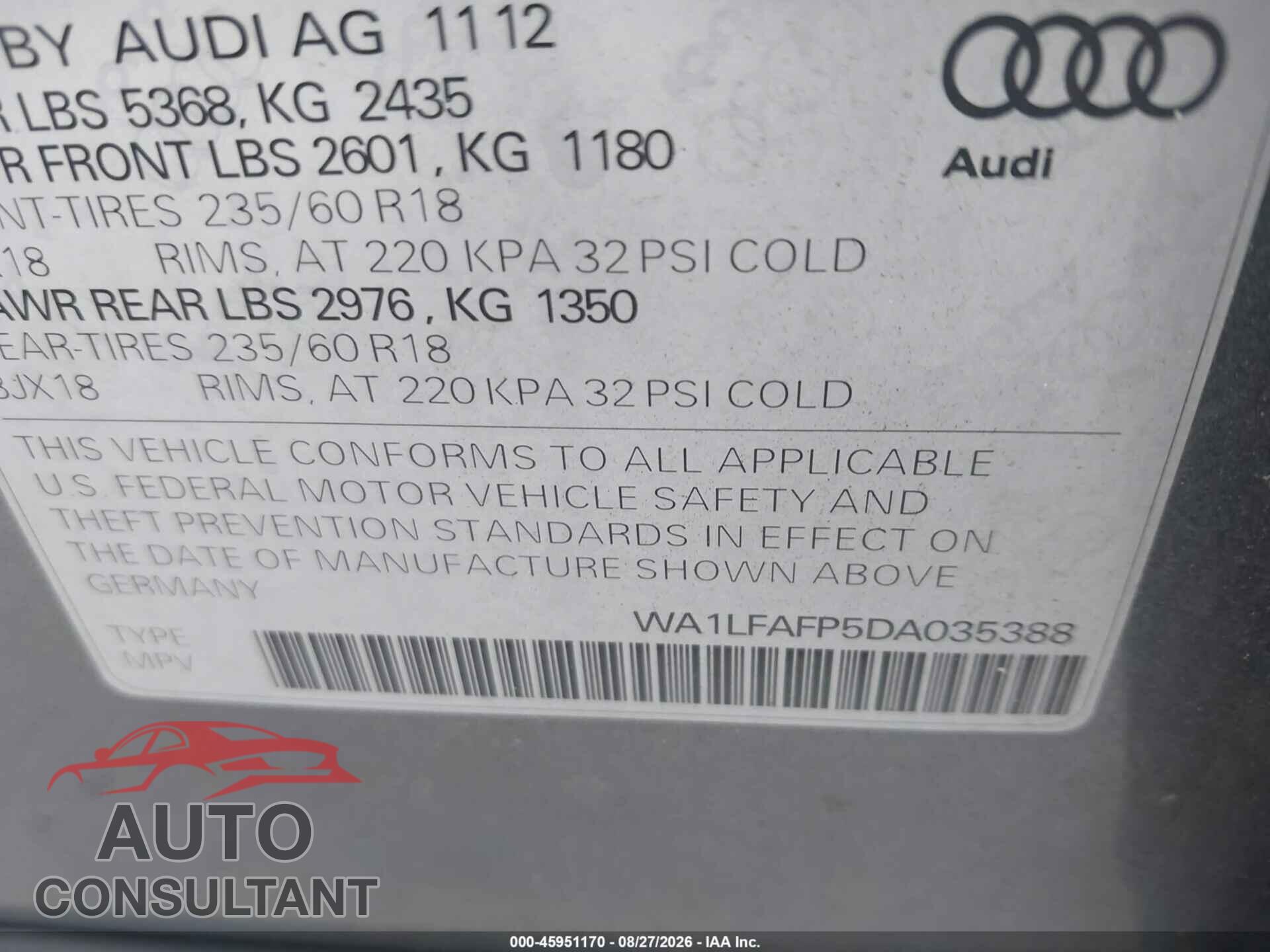 AUDI Q5 2013 - WA1LFAFP5DA035388
