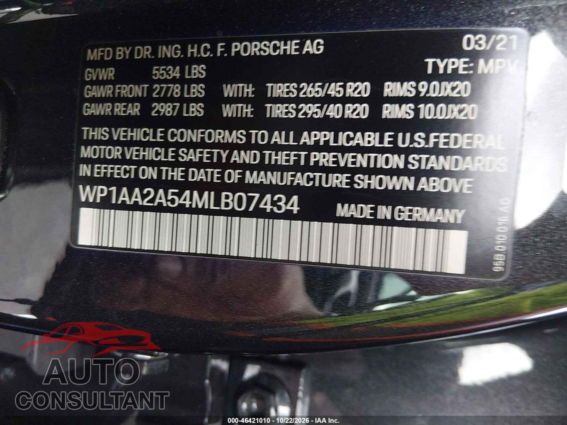 PORSCHE MACAN 2021 - WP1AA2A54MLB07434