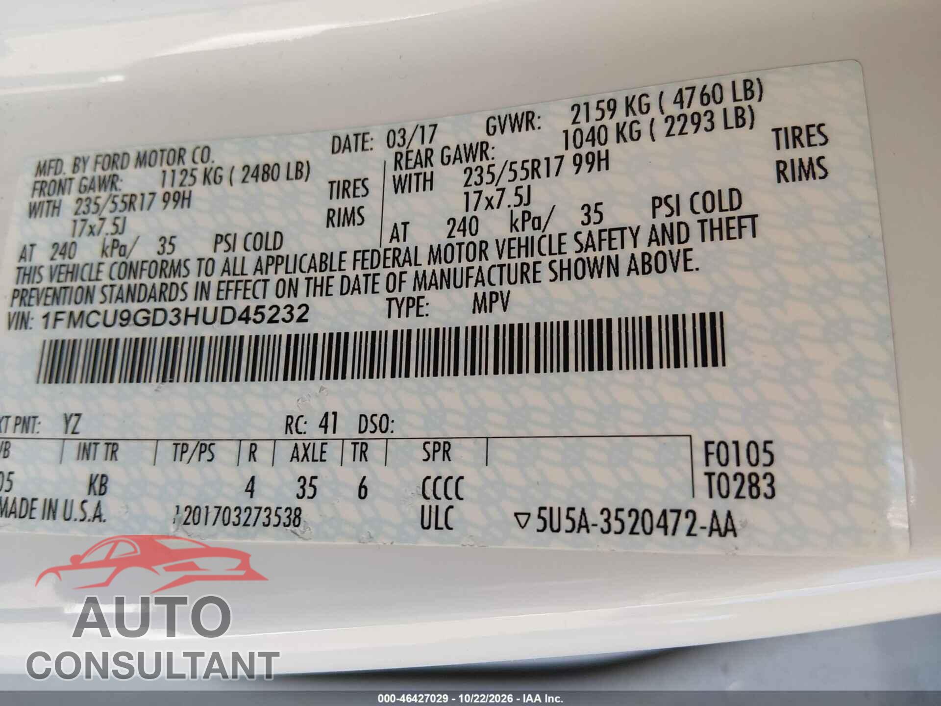 FORD ESCAPE 2017 - 1FMCU9GD3HUD45232