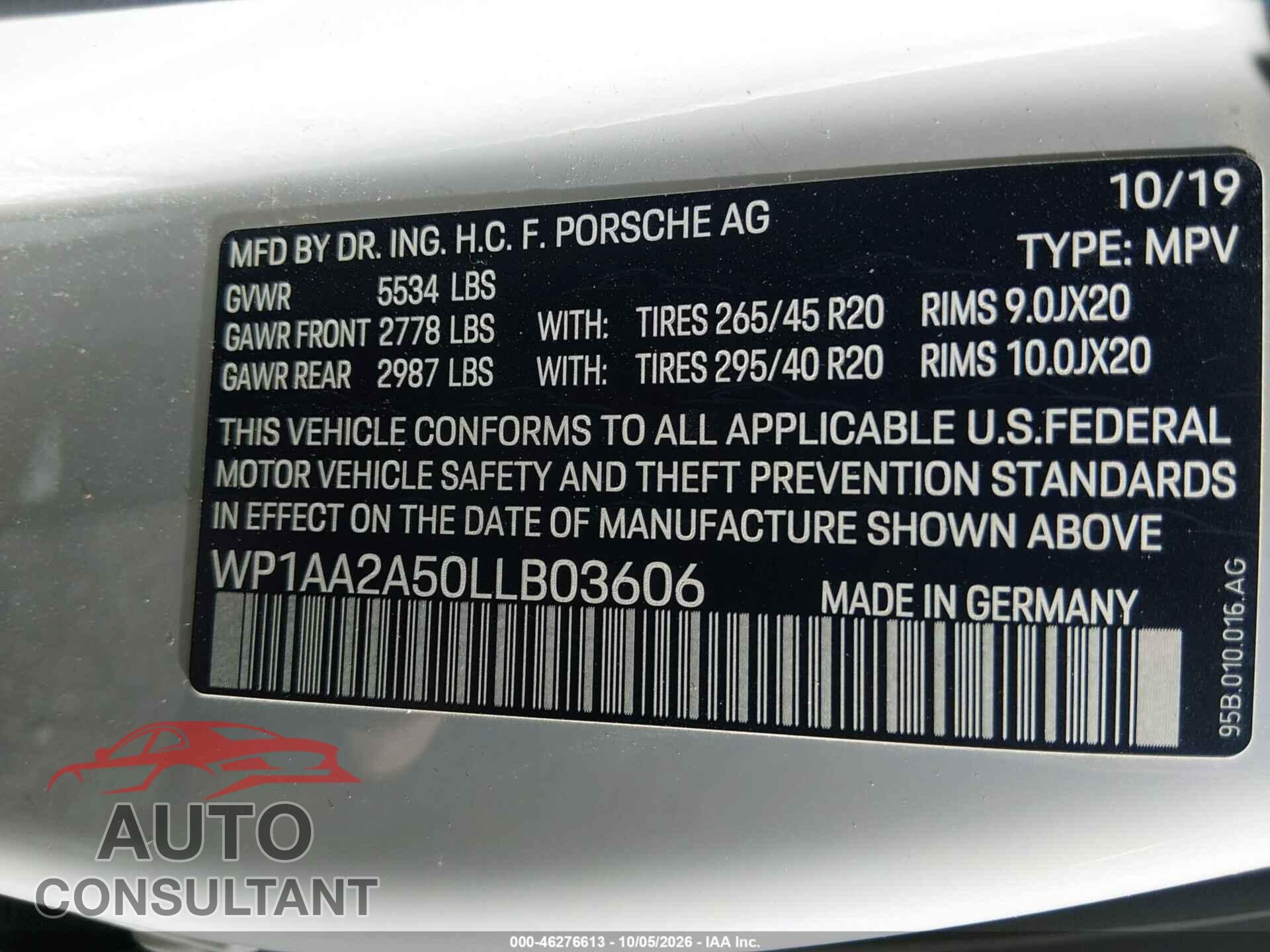 PORSCHE MACAN 2020 - WP1AA2A50LLB03606