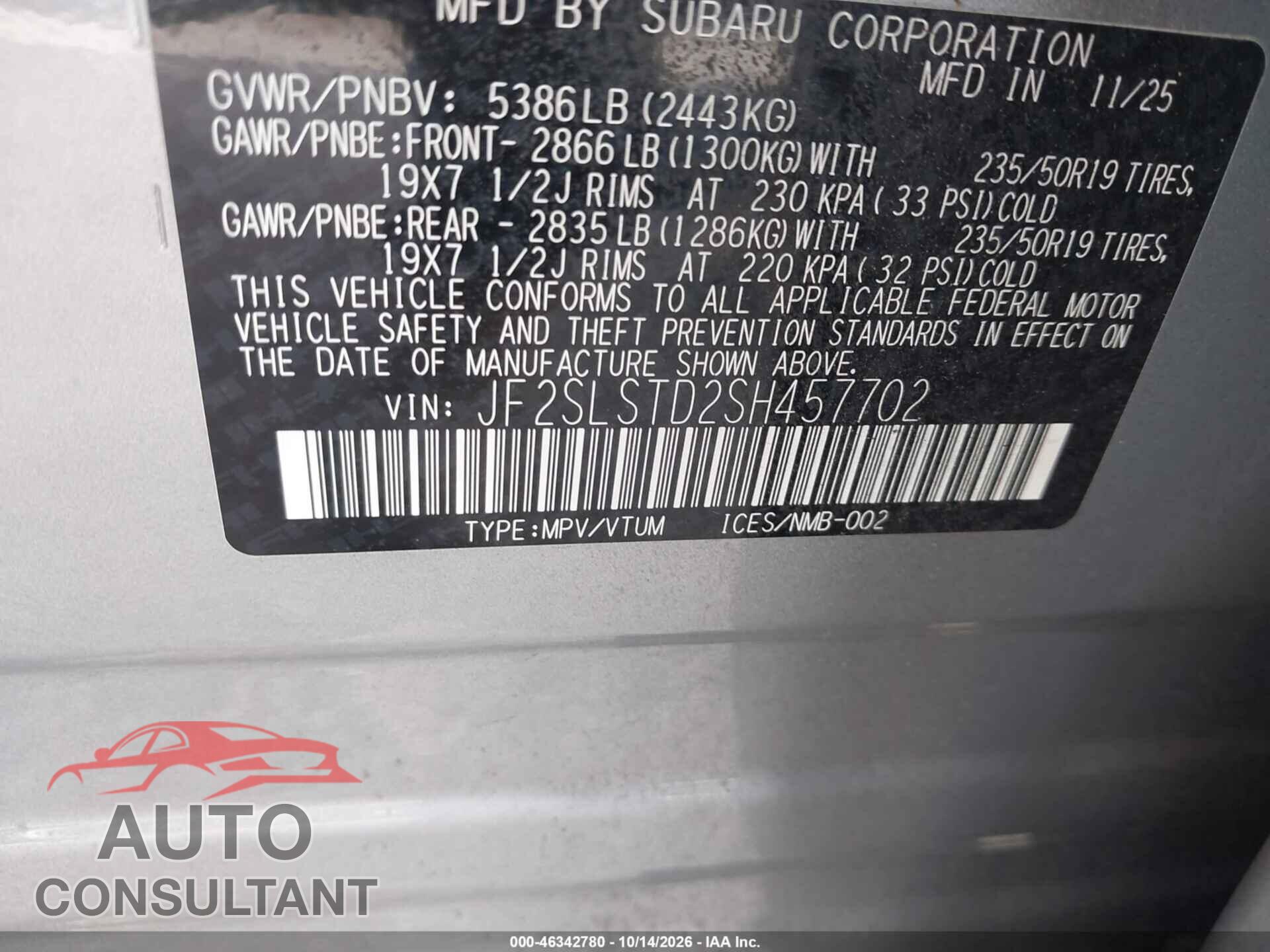 SUBARU FORESTER 2025 - JF2SLSTD2SH457702