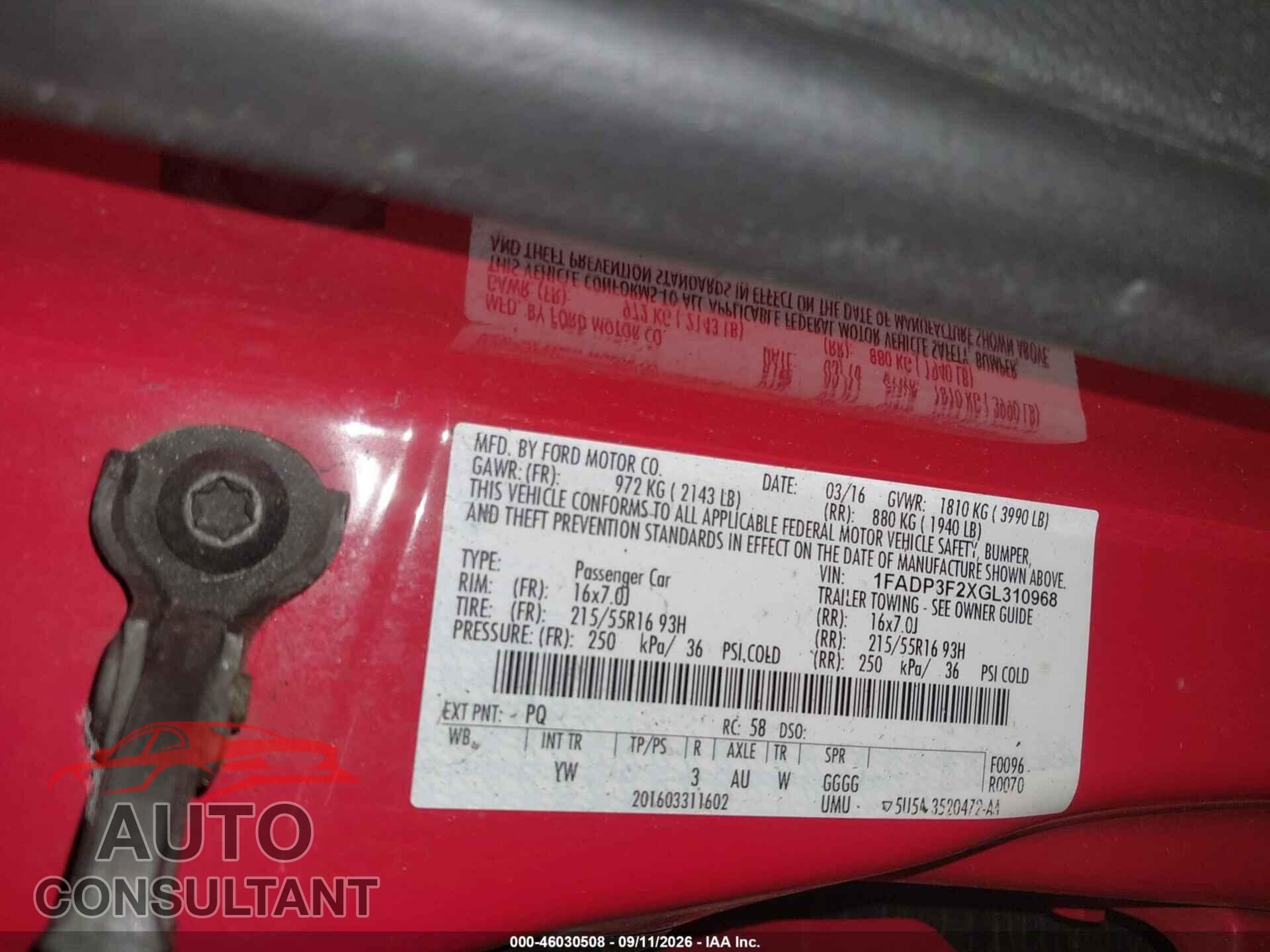 FORD FOCUS 2016 - 1FADP3F2XGL310968