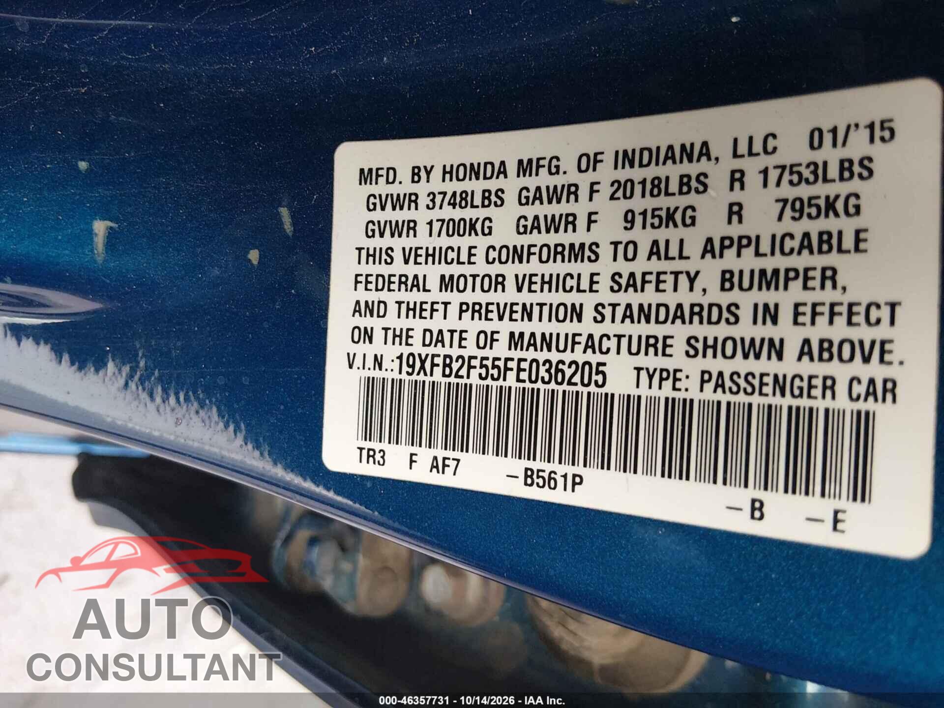HONDA CIVIC 2015 - 19XFB2F55FE036205