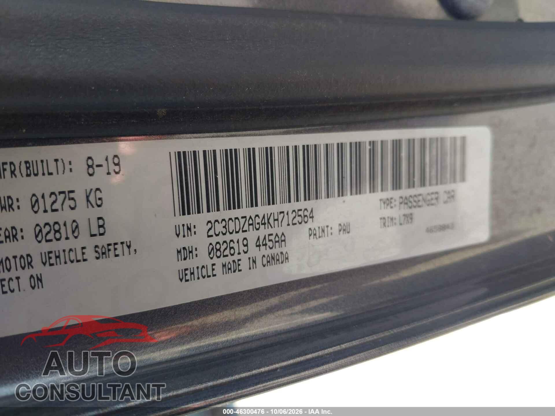 DODGE CHALLENGER 2019 - 2C3CDZAG4KH712564