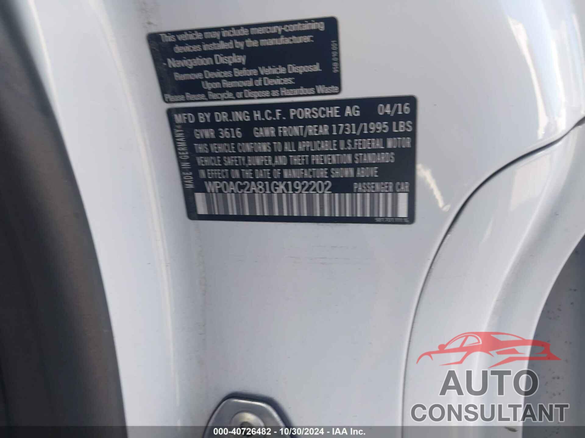 PORSCHE CAYMAN 2016 - WP0AC2A81GK192202