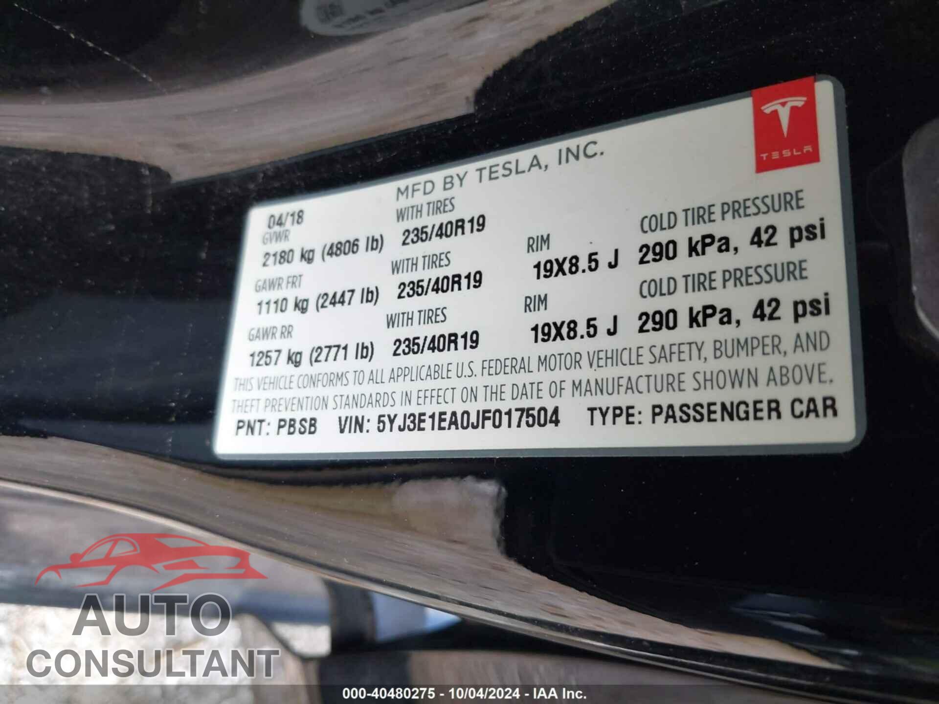 TESLA MODEL 3 2018 - 5YJ3E1EA0JF017504