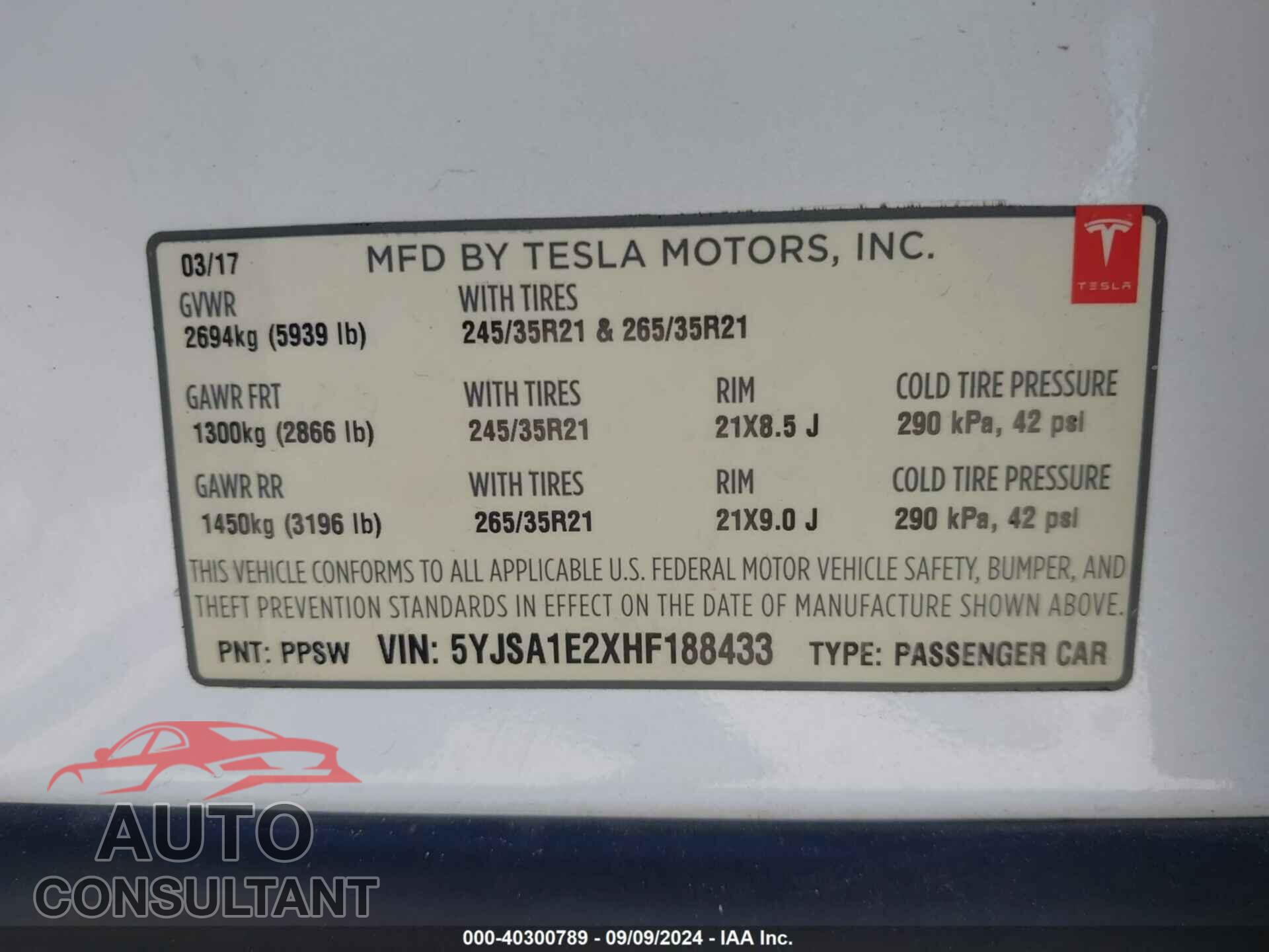 TESLA MODEL S 2017 - 5YJSA1E2XHF188433