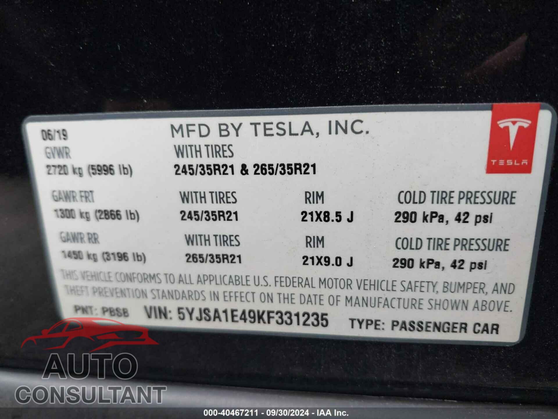 TESLA MODEL S 2019 - 5YJSA1E49KF331235