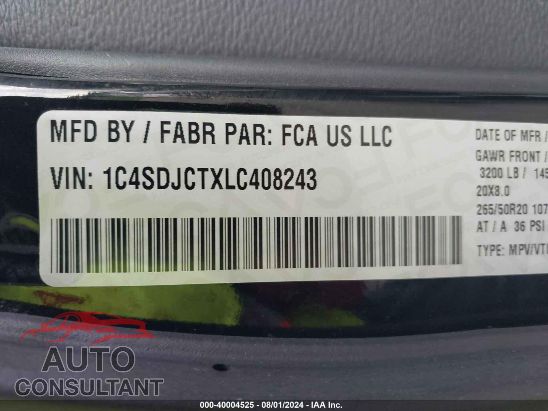 DODGE DURANGO 2020 - 1C4SDJCTXLC408243