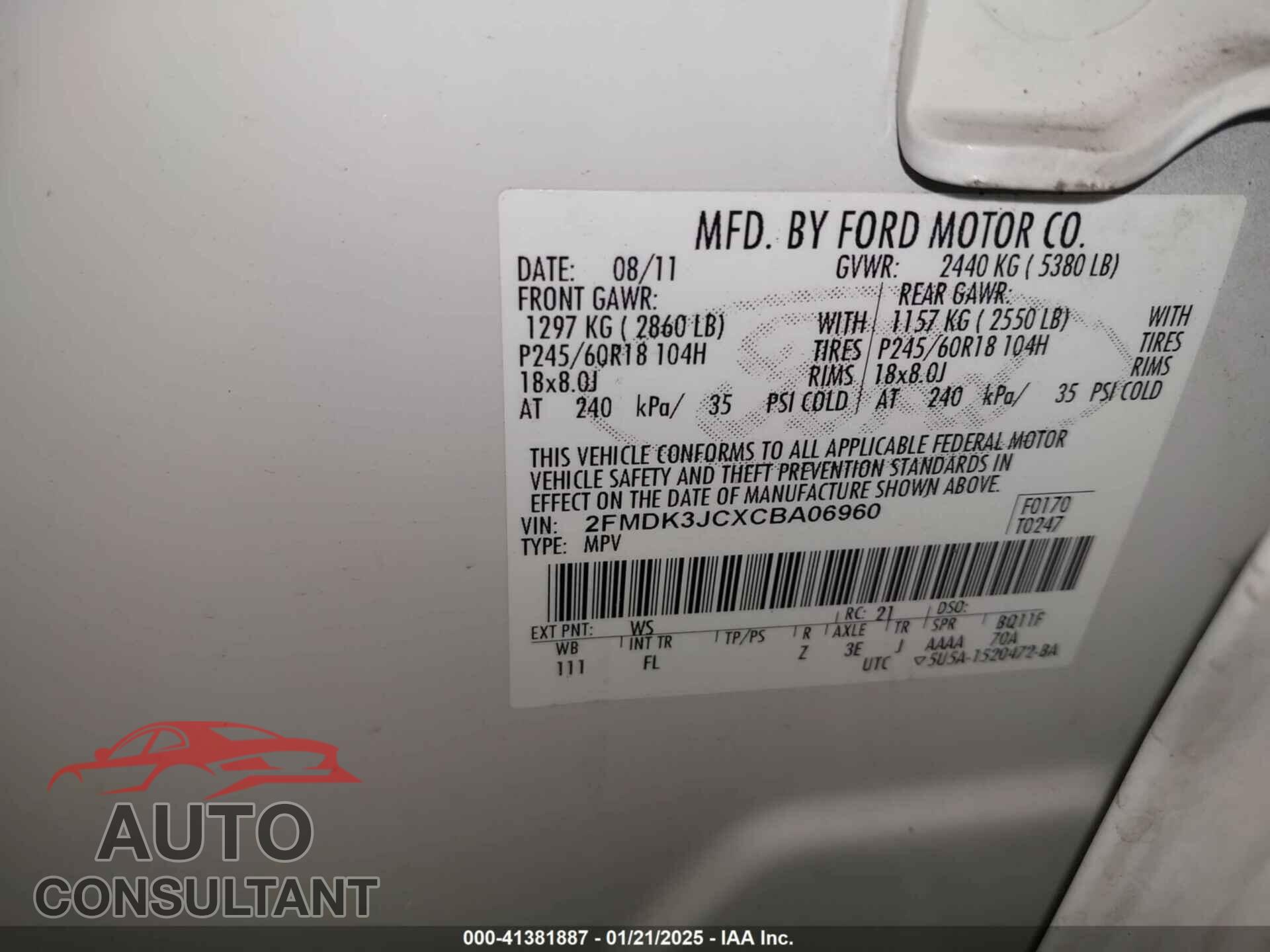 FORD EDGE 2012 - 2FMDK3JCXCBA06960