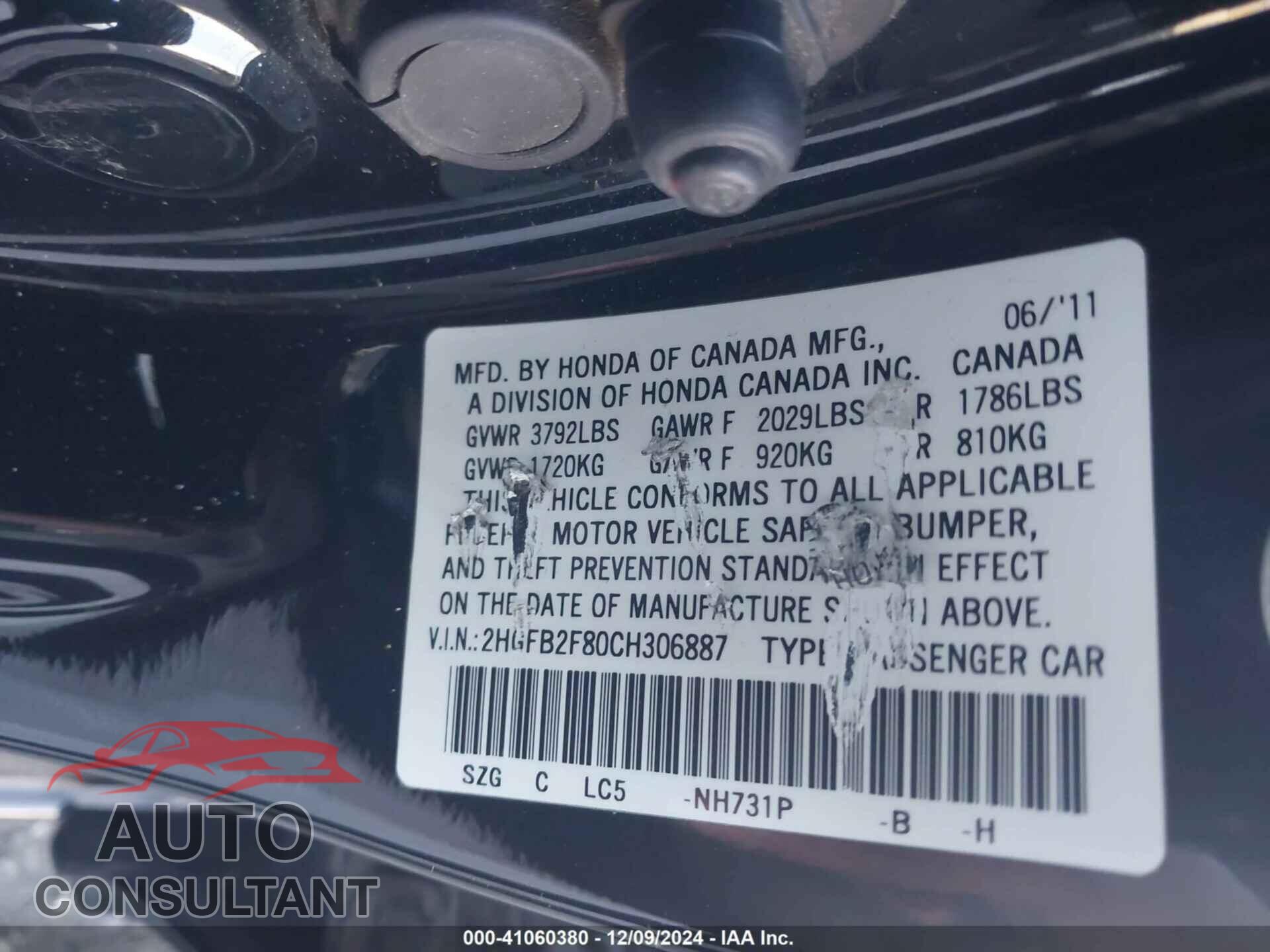 HONDA CIVIC 2012 - 2HGFB2F80CH306887