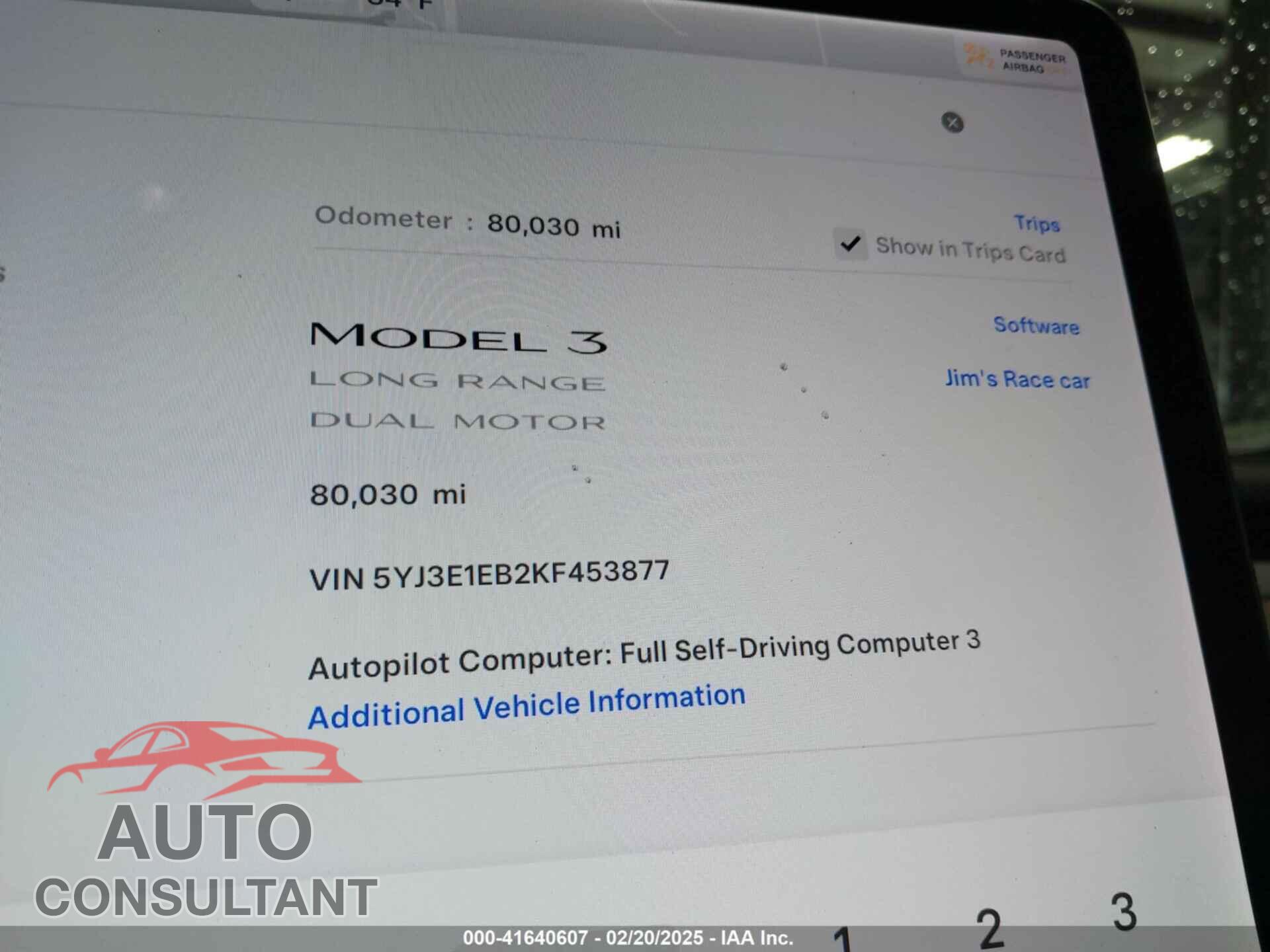 TESLA MODEL 3 2019 - 5YJ3E1EB2KF453877