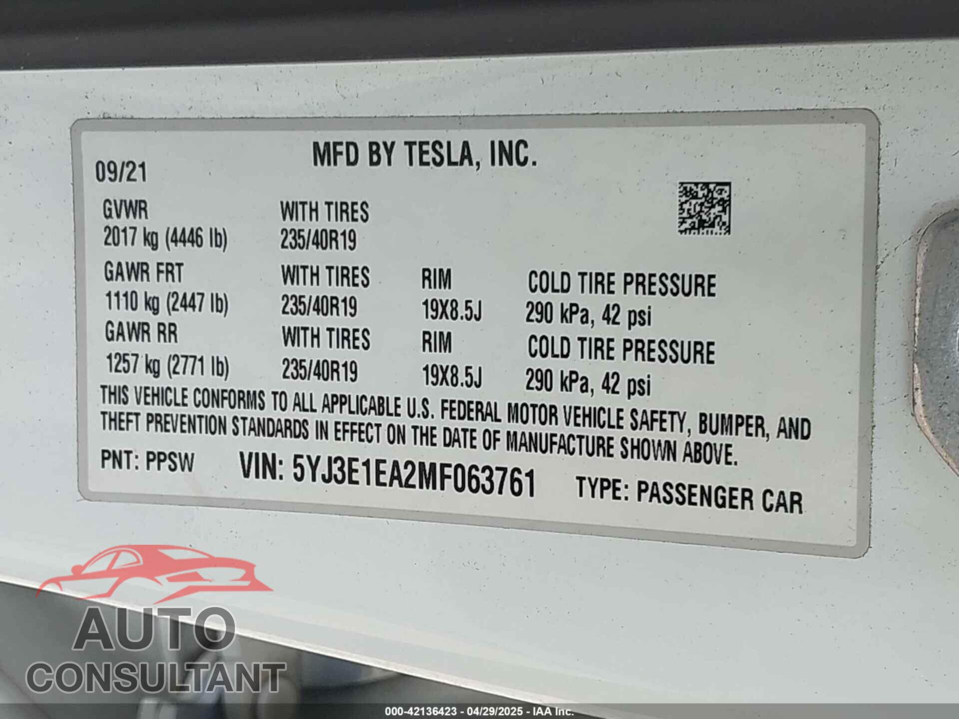 TESLA MODEL 3 2021 - 5YJ3E1EA2MF063761