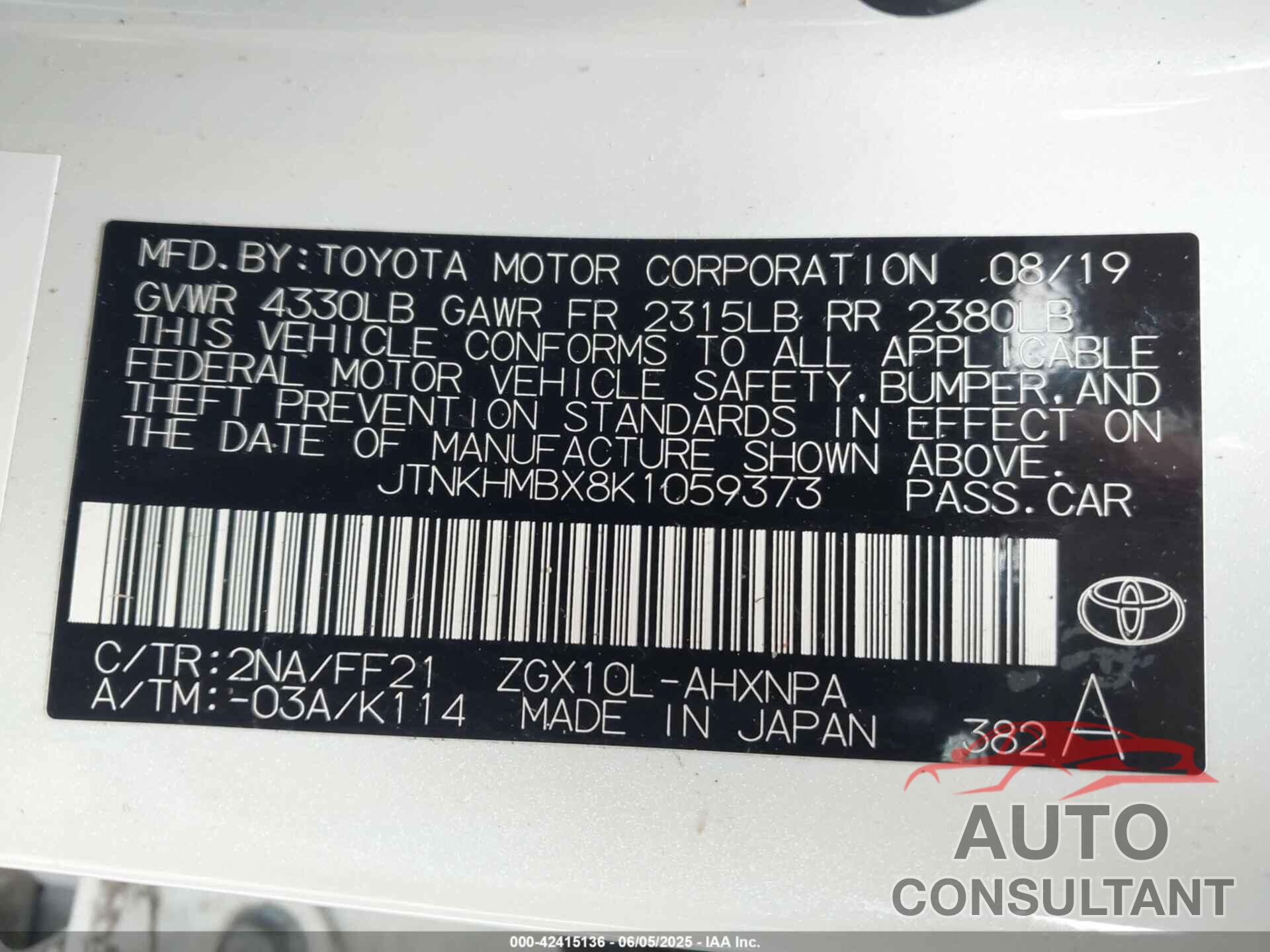 TOYOTA C-HR 2019 - JTNKHMBX8K1059373